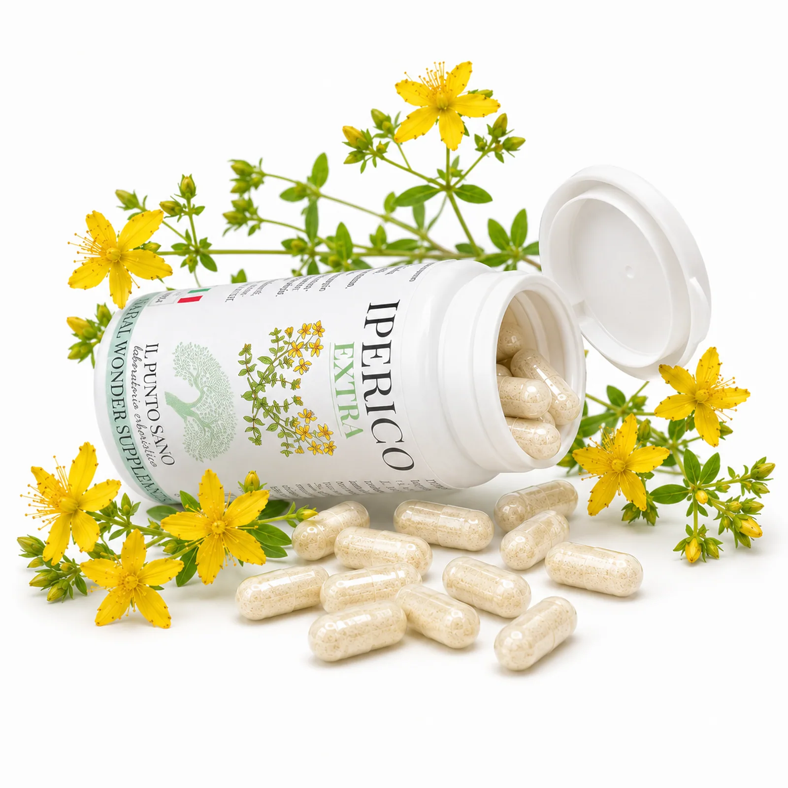 Iperico Extra – Flacone aperto con capsule e iperico Iperico Extra Il Punto Sano con flacone coricato, tappo aperto, capsule vegetali e fiori di iperico, in una composizione dedicata al benessere mentale e al rilassamento.