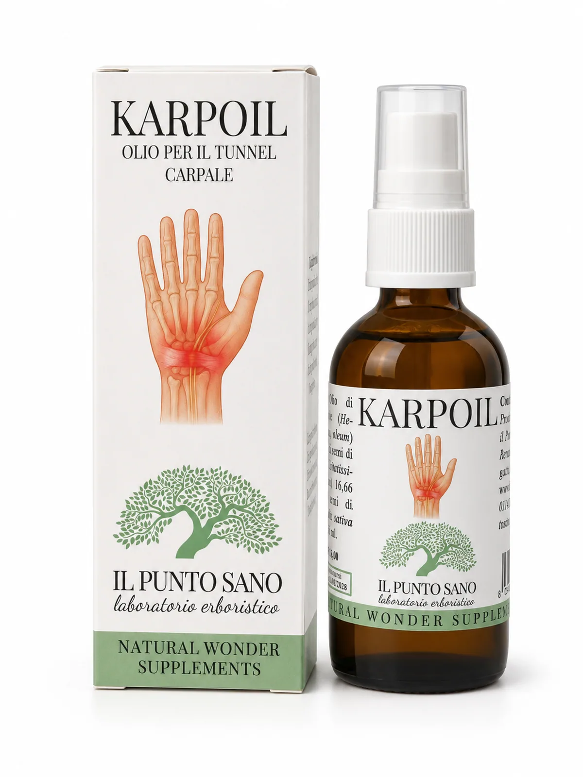 Karpoil – Astuccio e flacone spray Astuccio e flacone spray Karpoil Il Punto Sano, olio naturale per applicazione locale su mano e polso.
