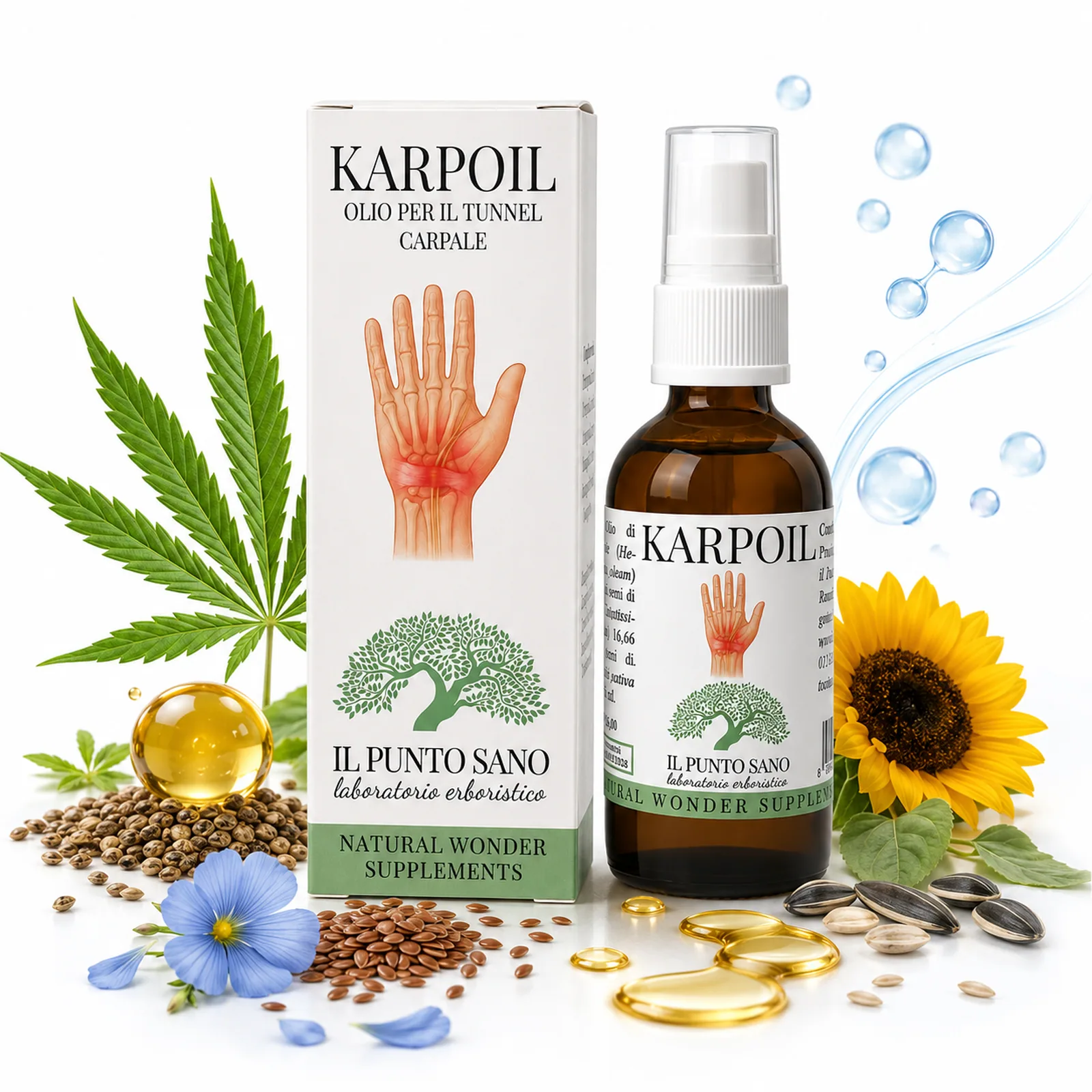 Karpoil – Composizione naturale con oli vegetali e ozono Karpoil Il Punto Sano con flacone, astuccio, olio di canapa, semi di lino, semi di girasole, girasole e ozono in composizione naturale.