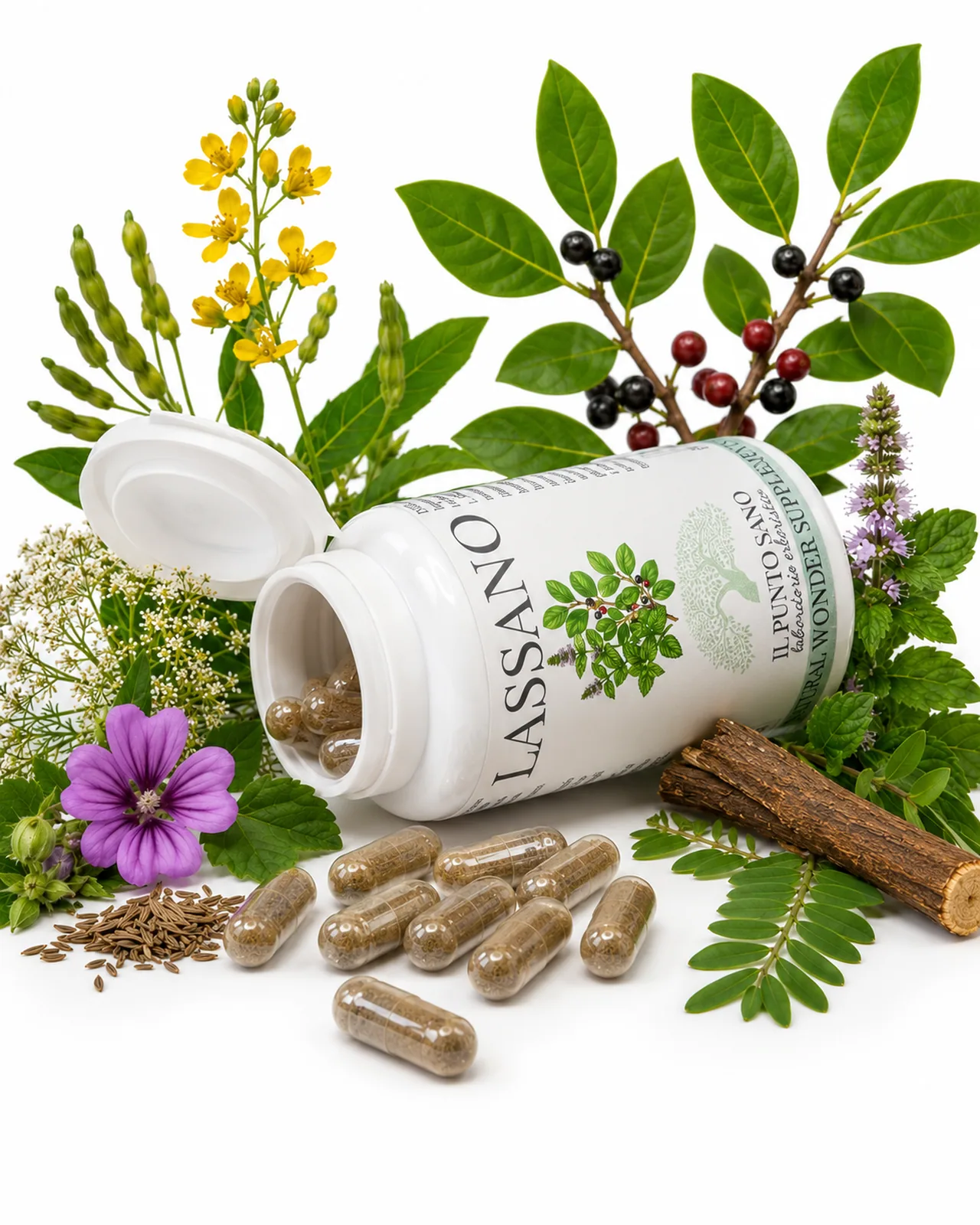 Lassano con piante e capsule – Il Punto Sano Composizione botanica di Lassano Il Punto Sano con flacone aperto, capsule vegetali e piante della formula, tra cui cassia, carvi, frangula, menta, liquirizia e malva, per il supporto alla regolarità intestinale e al benessere digestivo.