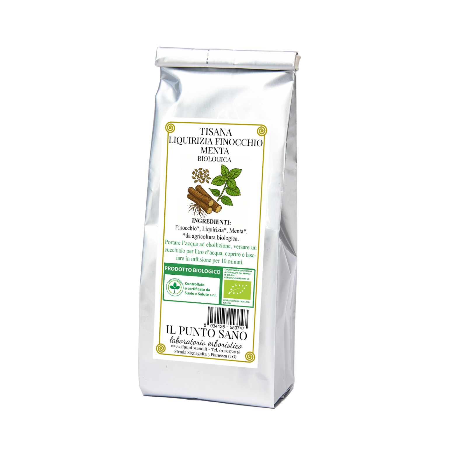 Tisana Liquirizia Finocchio e Menta Digestiva - Il Punto Sano Tisana naturale a base di semi di finocchio, radice di liquirizia e foglie di menta piperita, specifica per contrastare il gonfiore addominale e favorire la digestione.