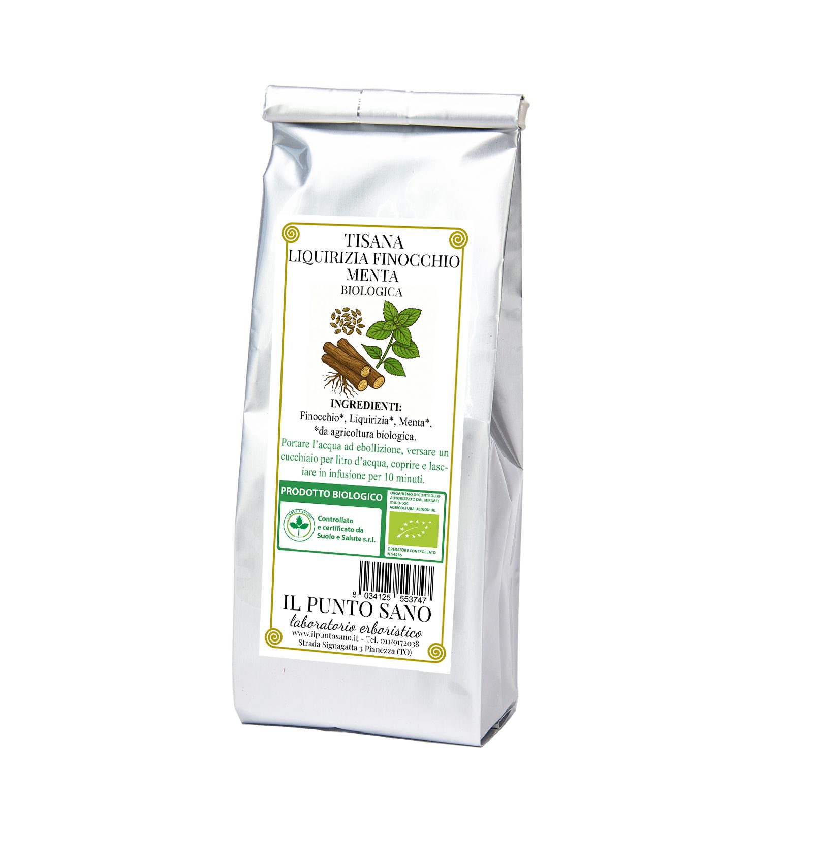 Tisana Liquirizia Finocchio e Menta Digestiva - Il Punto Sano Tisana naturale a base di semi di finocchio, radice di liquirizia e foglie di menta piperita, specifica per contrastare il gonfiore addominale e favorire la digestione.