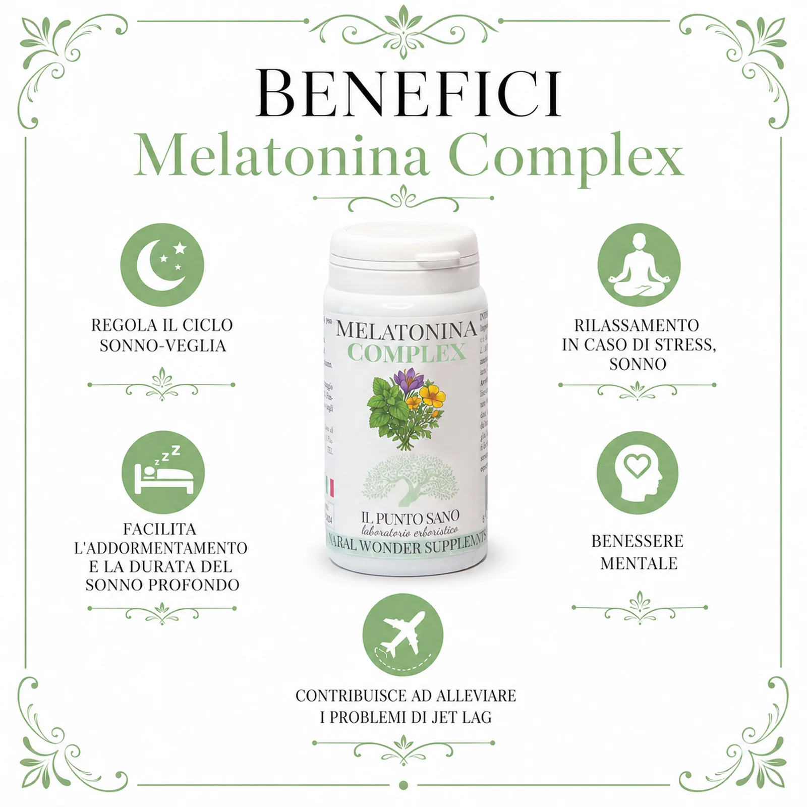 Benefici Melatonina Complex Infografica benefici Melatonina Complex Il Punto Sano per ritmo sonno-veglia, addormentamento, rilassamento in caso di stress, benessere mentale e supporto in caso di jet lag.