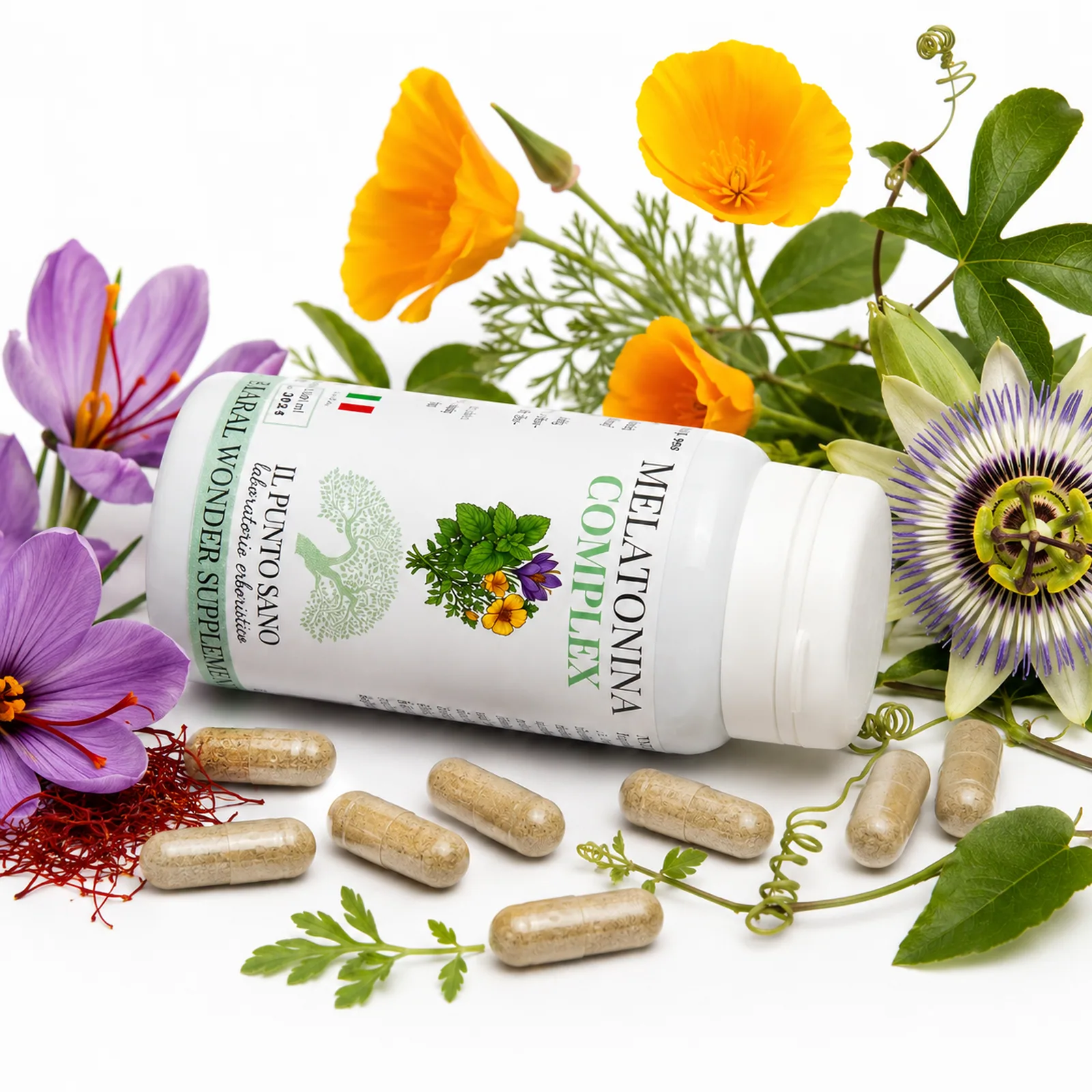 Melatonina Complex coricato con capsule e botanicals Flacone coricato di Melatonina Complex Il Punto Sano con capsule vegetali e piante officinali della formula, tra cui escolzia, passiflora e zafferano, in una composizione professionale dedicata al benessere serale.