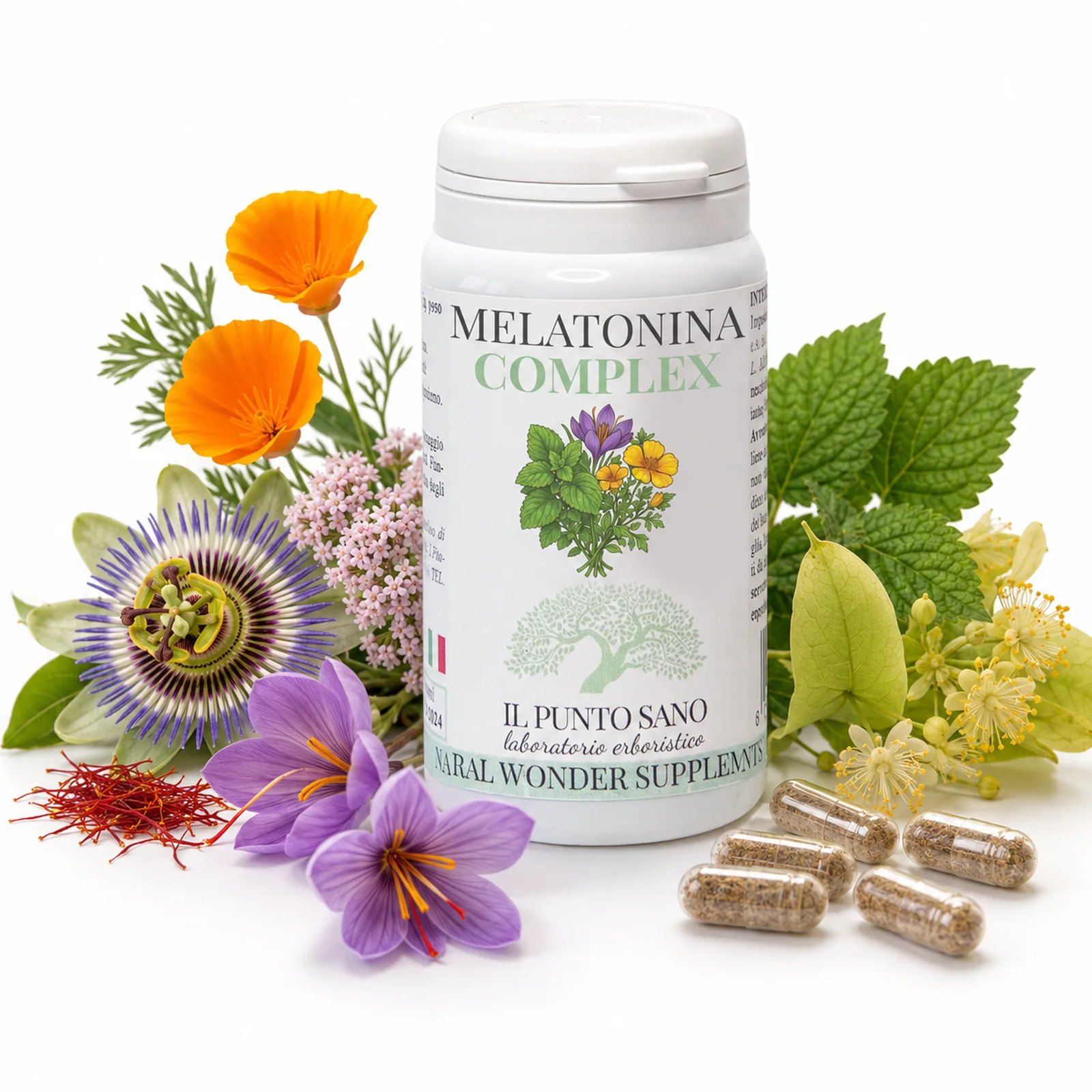 Melatonina Complex con piante e capsule Flacone di Melatonina Complex Il Punto Sano con capsule vegetali e piante rappresentative della formula come escolzia, passiflora, melissa, tiglio, valeriana e zafferano, in composizione naturale su sfondo bianco.