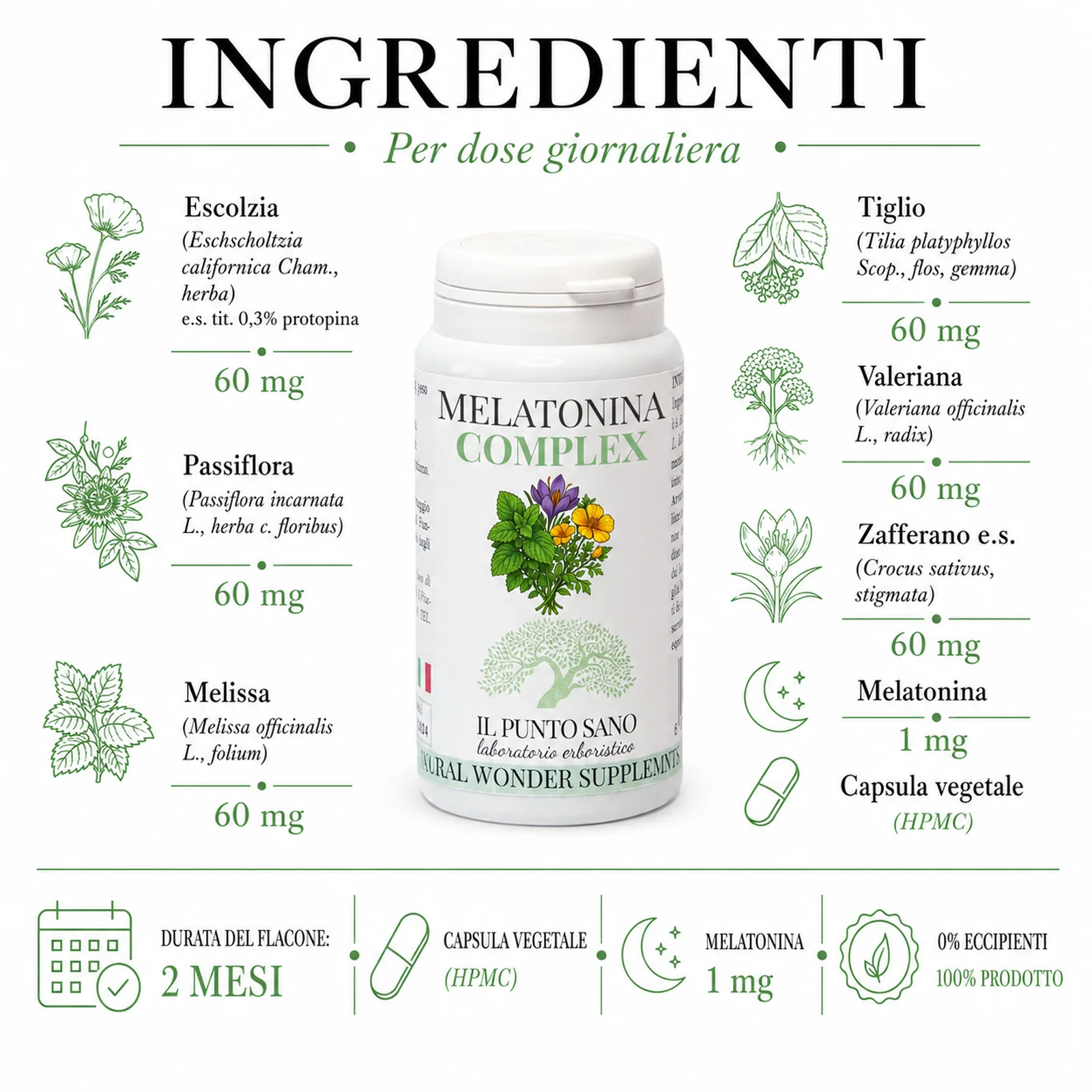 Ingredienti Melatonina Complex per dose giornaliera Infografica ingredienti Melatonina Complex Il Punto Sano con escolzia, passiflora, melissa, tiglio, valeriana, zafferano, melatonina 1 mg, capsula vegetale HPMC, durata del flacone 2 mesi e formula senza eccipienti.
