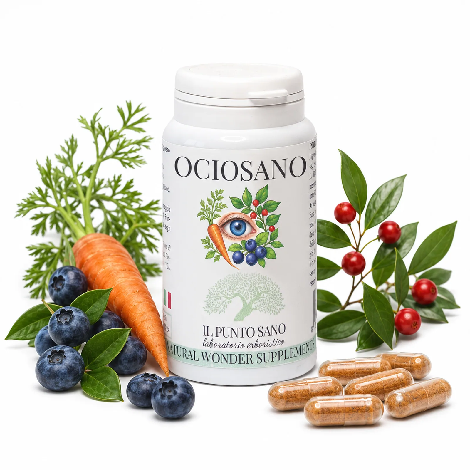 Ociosano con carota, mirtillo e pungitopo Flacone di Ociosano Il Punto Sano con carota, mirtillo, pungitopo e capsule vegetali su sfondo bianco.