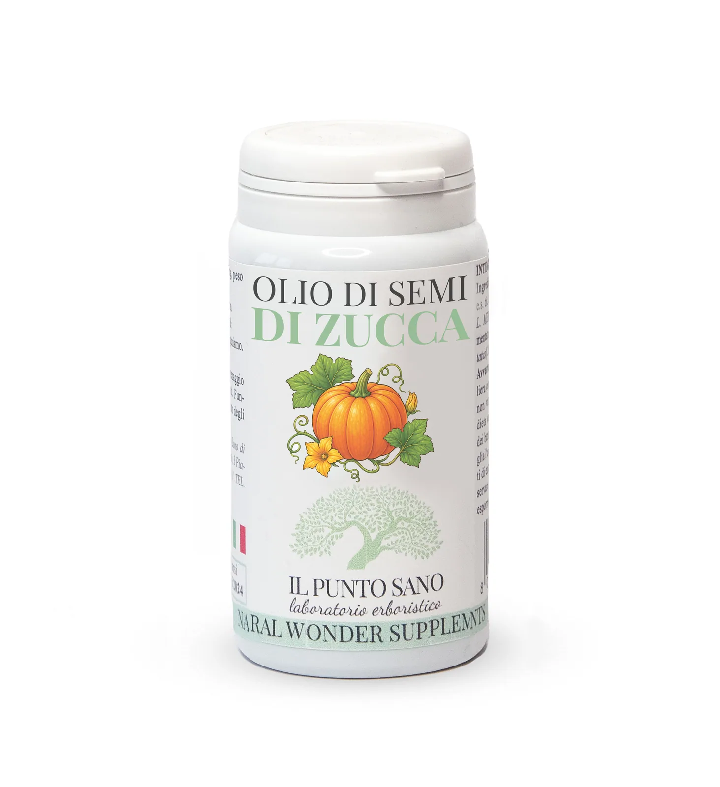 Olio di Semi di Zucca Il Punto Sano Flacone di Olio di Semi di Zucca Il Punto Sano su sfondo chiaro, integratore alimentare in perle per il benessere della prostata e delle vie urinarie.