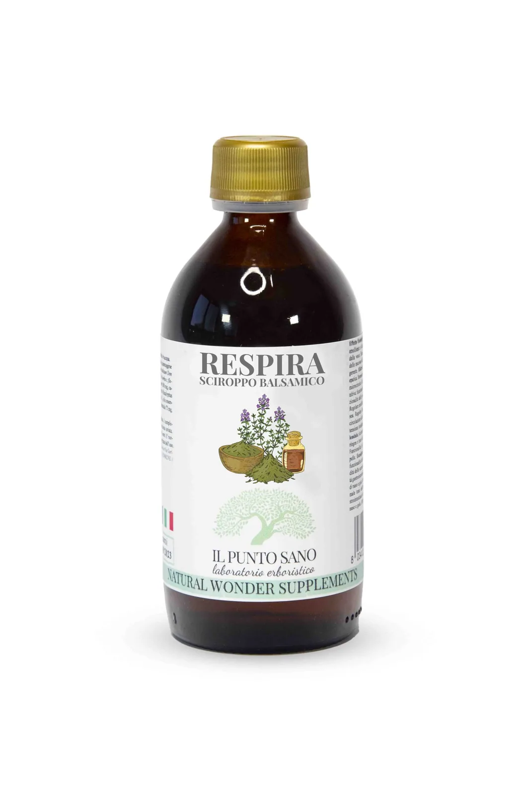Respira Sciroppo Balsamico Il Punto Sano, prodotto naturale in flacone per supportare il benessere delle vie respiratorie e donare una piacevole sensazione balsamica