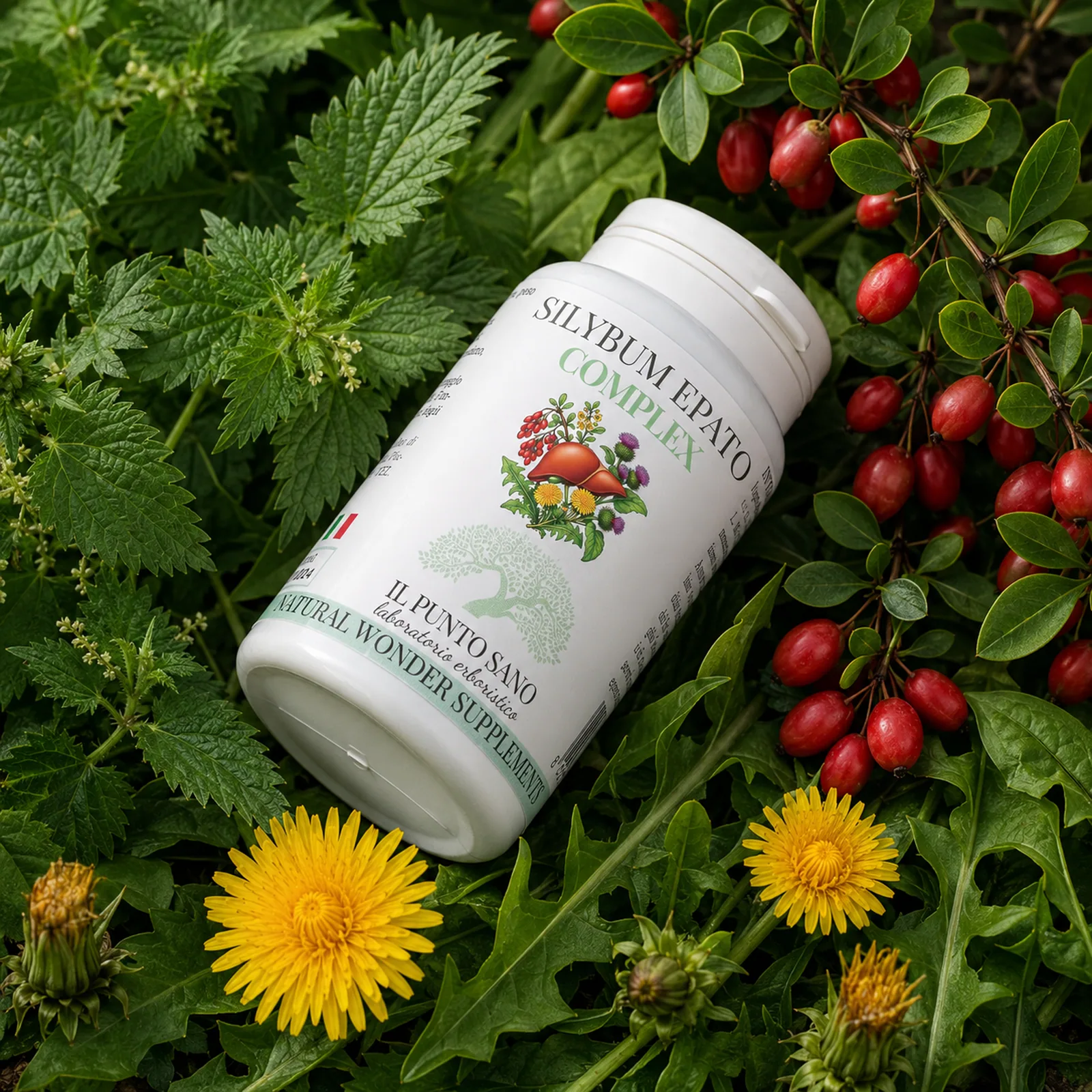 Silybum Epato Complex su sfondo botanico Silybum Epato Complex Il Punto Sano coricato su uno sfondo di ortica, berberis e tarassaco, immagine botanica che richiama il supporto alla funzione epatica e alla depurazione dell’organismo.