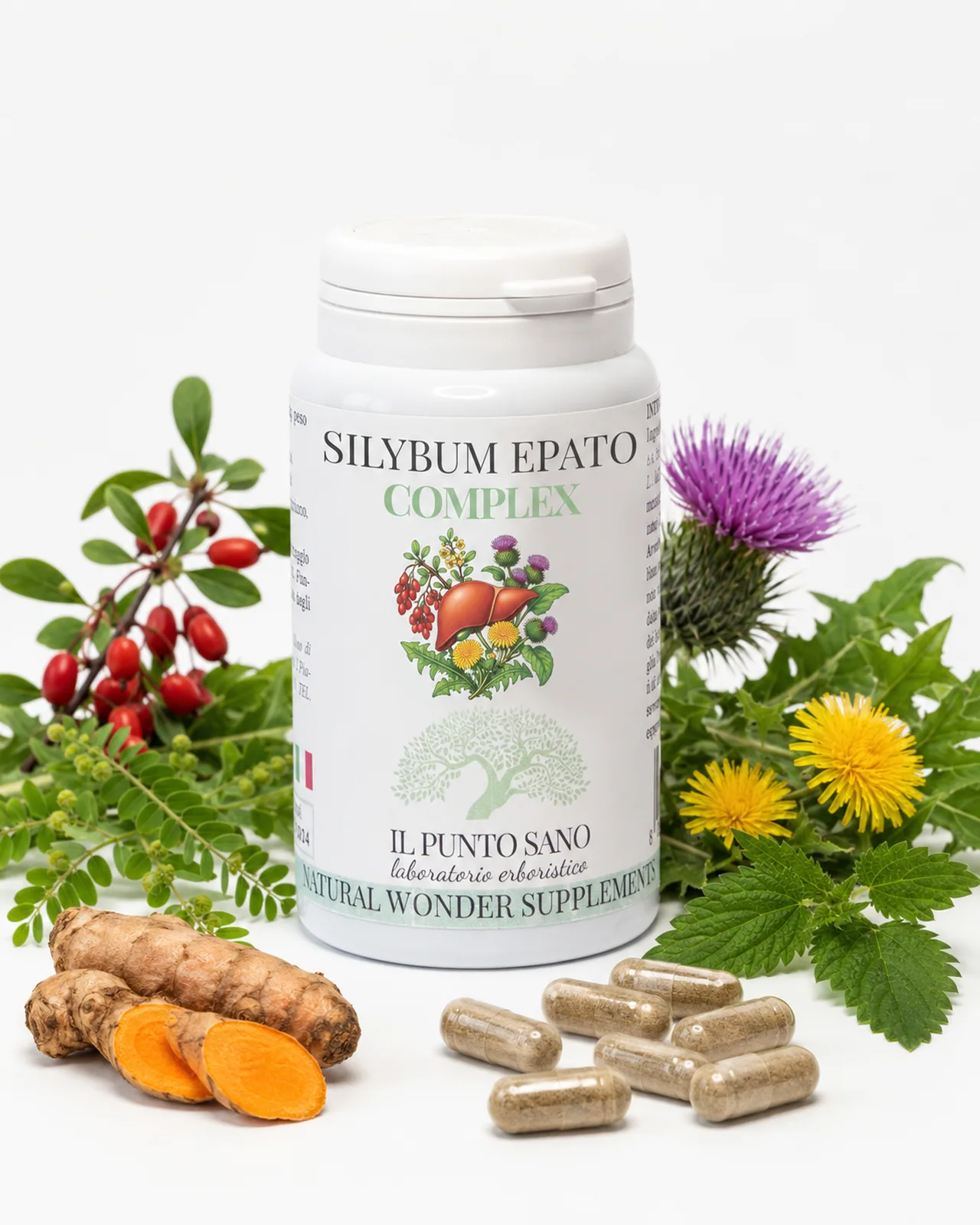 Silybum Epato Complex Il Punto Sano con capsule e piante officinali come cardo mariano, tarassaco, ortica, curcuma e berberis, in composizione naturale per il supporto del fegato.
