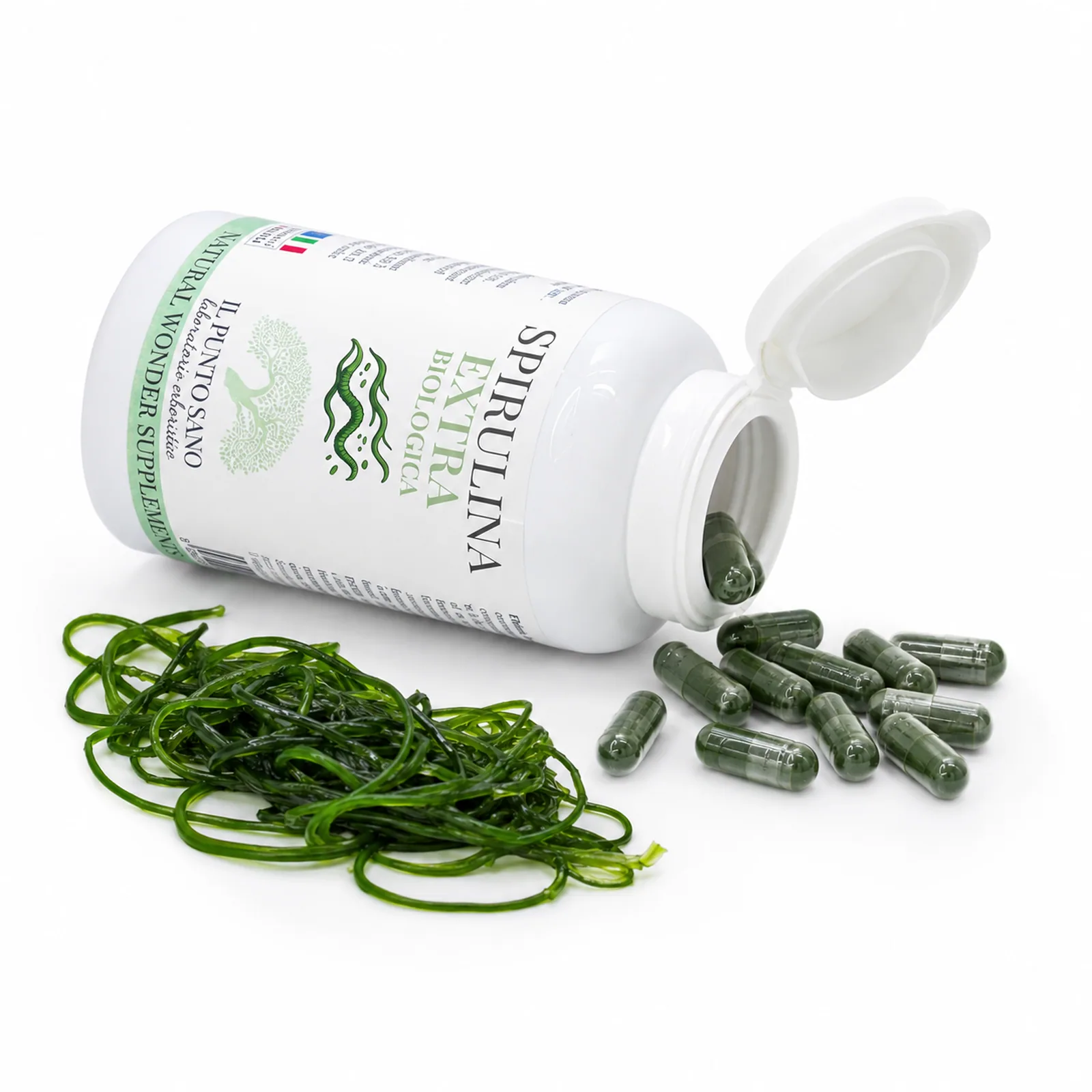 Spirulina Extra Biologica – Flacone aperto con capsule verdi Spirulina Extra Biologica Il Punto Sano con flacone aperto, capsule verdi e spirulina, integratore alimentare a base di spirulina biologica 100% italiana pensato come supporto nutrizionale naturale per energia, tono, vitalità e benessere generale