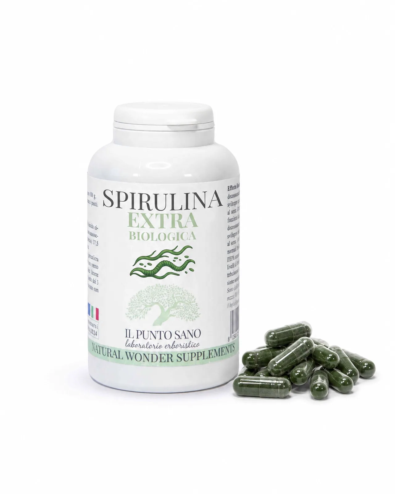 Spirulina Extra Biologica – Flacone con capsule verdi Spirulina Extra Biologica Il Punto Sano con flacone e capsule verdi, integratore alimentare a base di spirulina biologica 100% italiana pensato come supporto nutrizionale naturale per energia, tono, vitalità e benessere generale