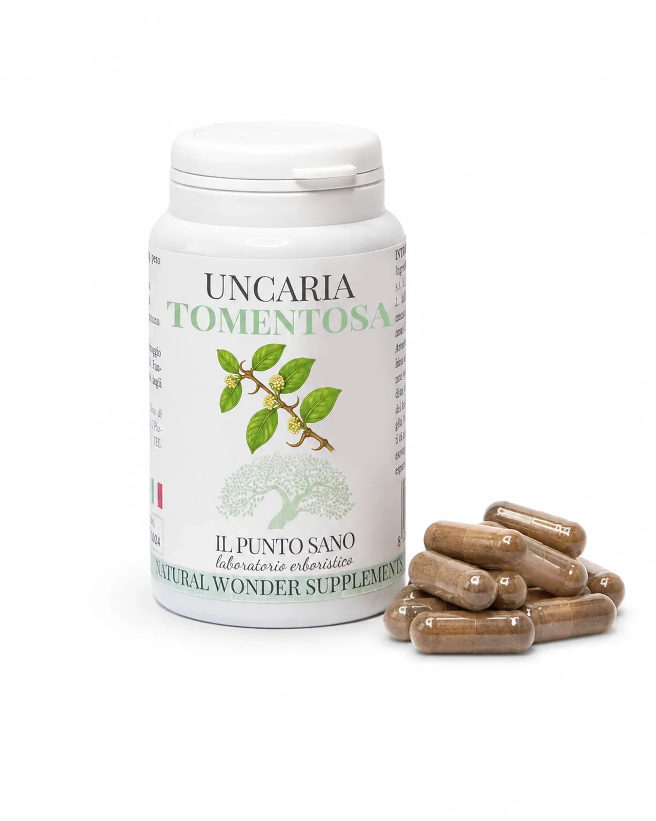 Uncaria Tomentosa – Flacone con capsule per naturali difese e articolazioni Uncaria Tomentosa Il Punto Sano con flacone e capsule vegetali, integratore alimentare a base di uncaria pensato per supportare le naturali difese dell’organismo, la funzionalità articolare e il benessere generale