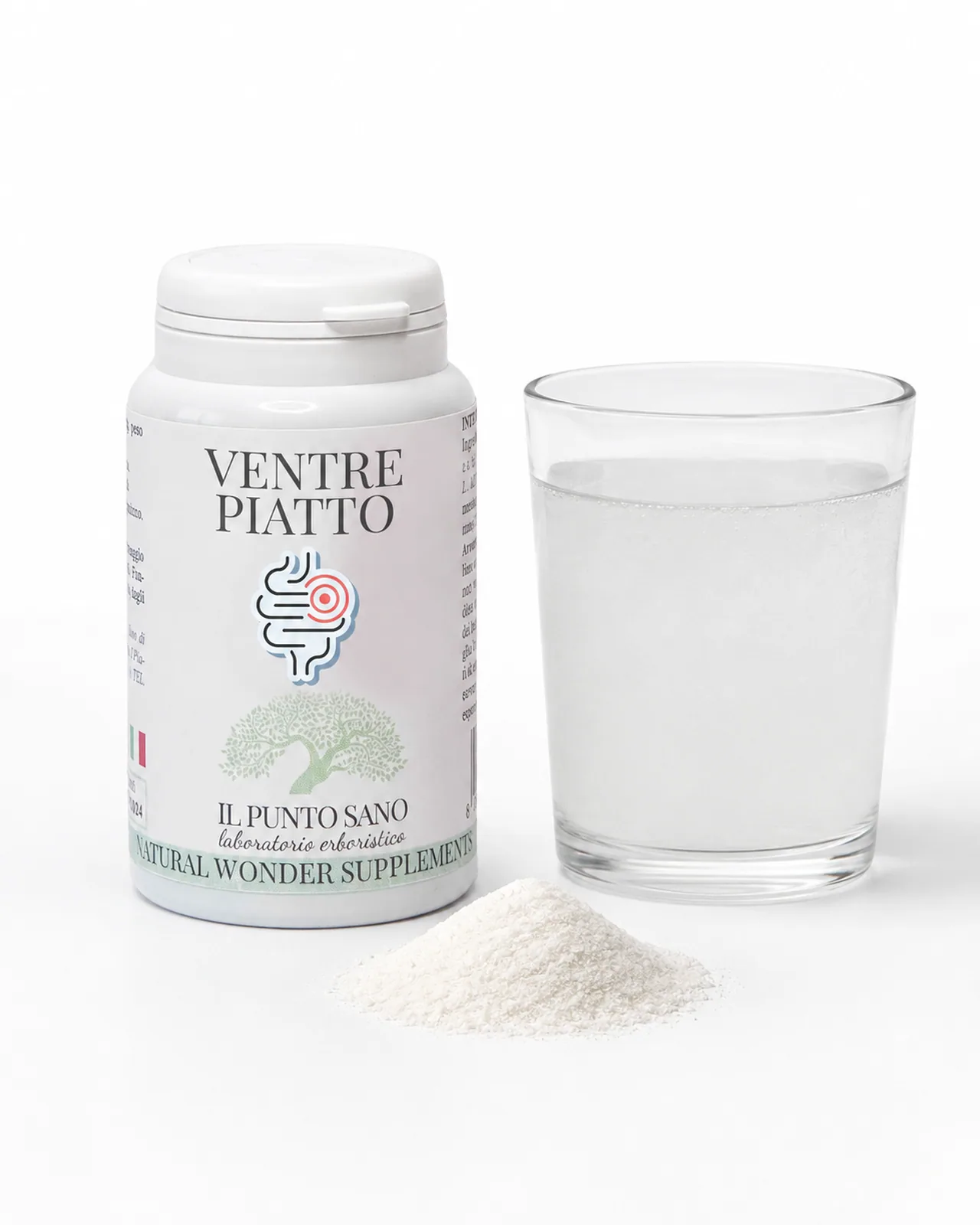 Ventre Piatto – Polvere con acqua per benessere intestinale Ventre Piatto Il Punto Sano con polvere e bicchiere d’acqua, integratore alimentare con FOS prebiotici pensato per favorire il benessere intestinale, l’equilibrio digestivo e una piacevole sensazione di leggerezza addominale