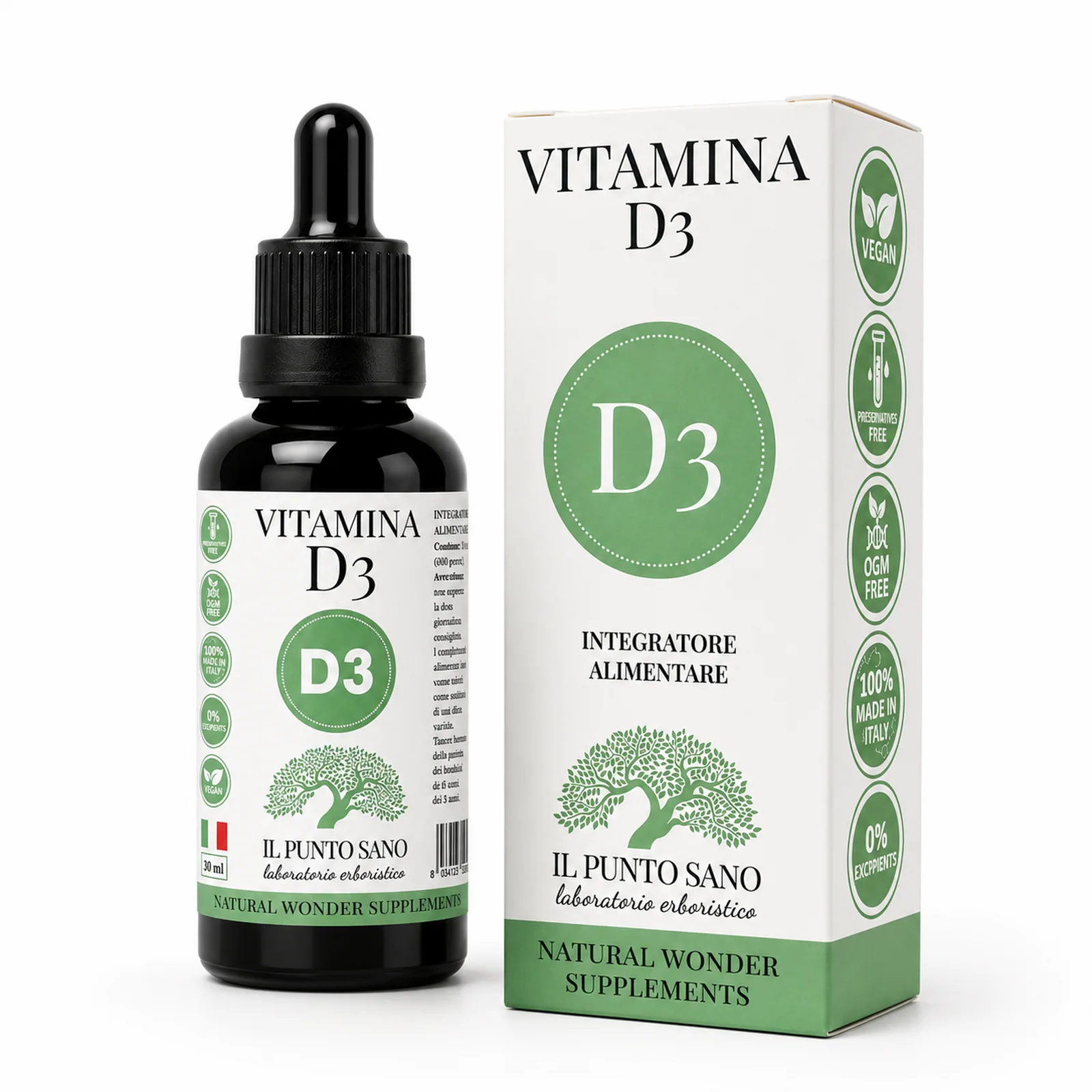 Vitamina D3 – flacone e astuccio Flacone e astuccio della Vitamina D3 Il Punto Sano in formato liquido con contagocce, integratore in olio extravergine di oliva.