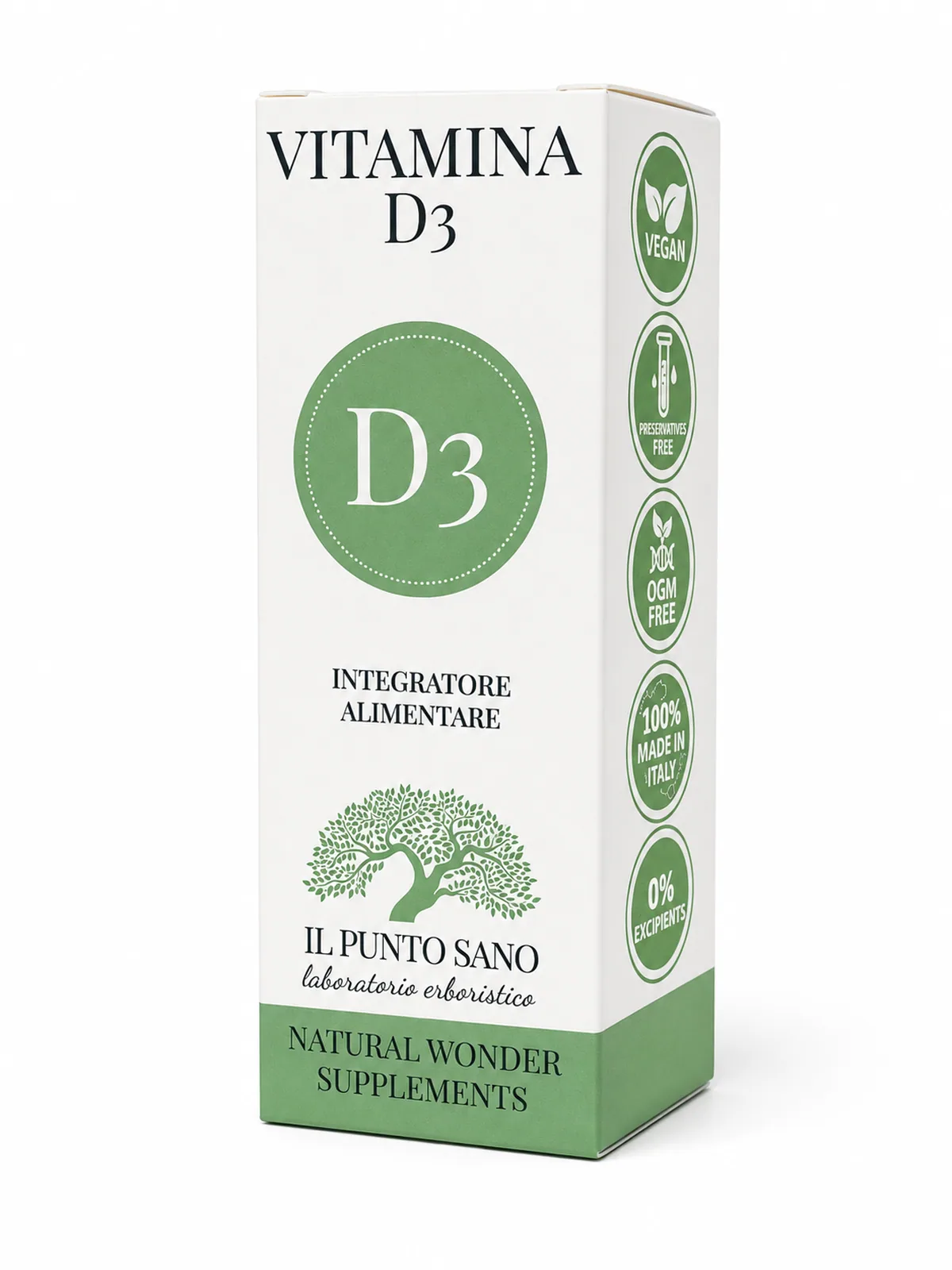 Vitamina D3 – astuccio prodotto Astuccio della Vitamina D3 Il Punto Sano, integratore alimentare in formato liquido con olio extravergine di oliva.