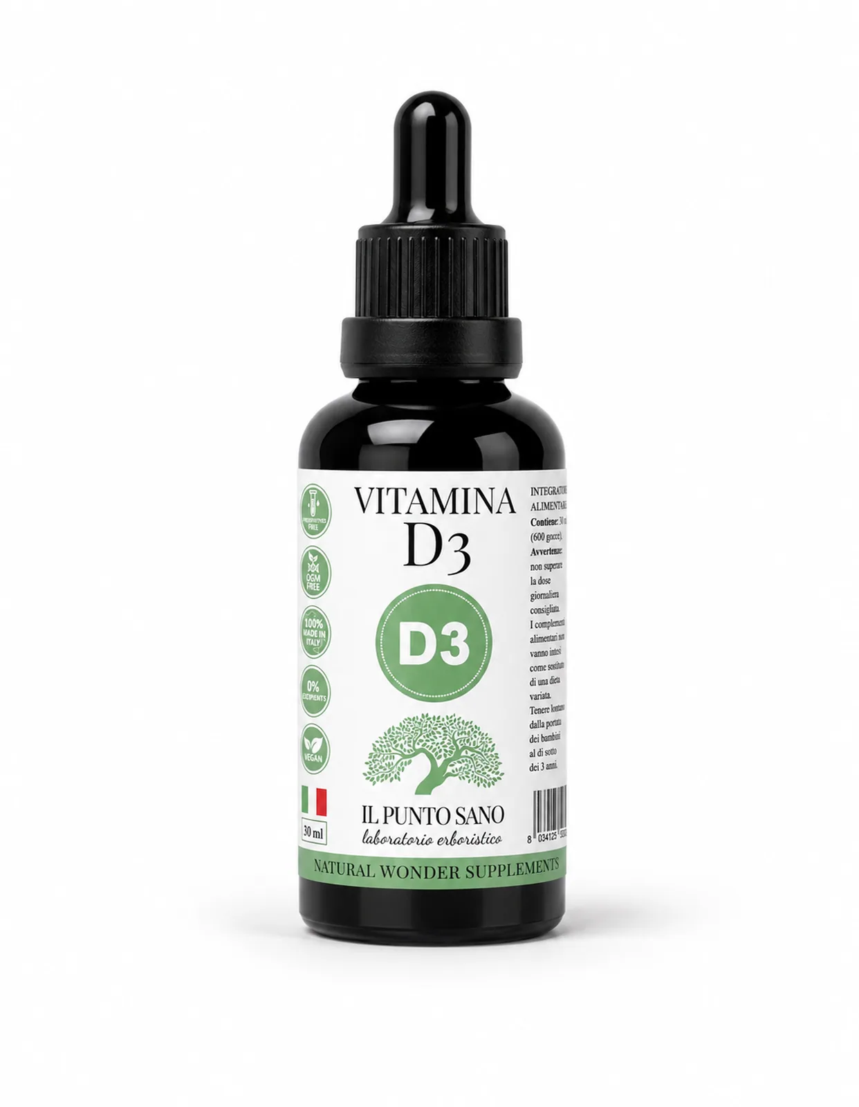 Vitamina D3 in olio EVO – flacone Flacone di Vitamina D3 Il Punto Sano in formato liquido con contagocce, integratore alimentare in olio extravergine di oliva.