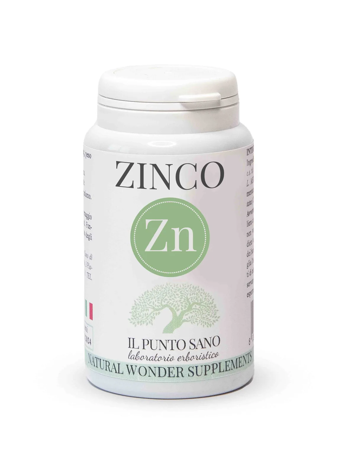 Zinco – Il Punto Sano Flacone integratore Zinco Il Punto Sano laboratorio erboristico con confezione bianca su sfondo chiaro