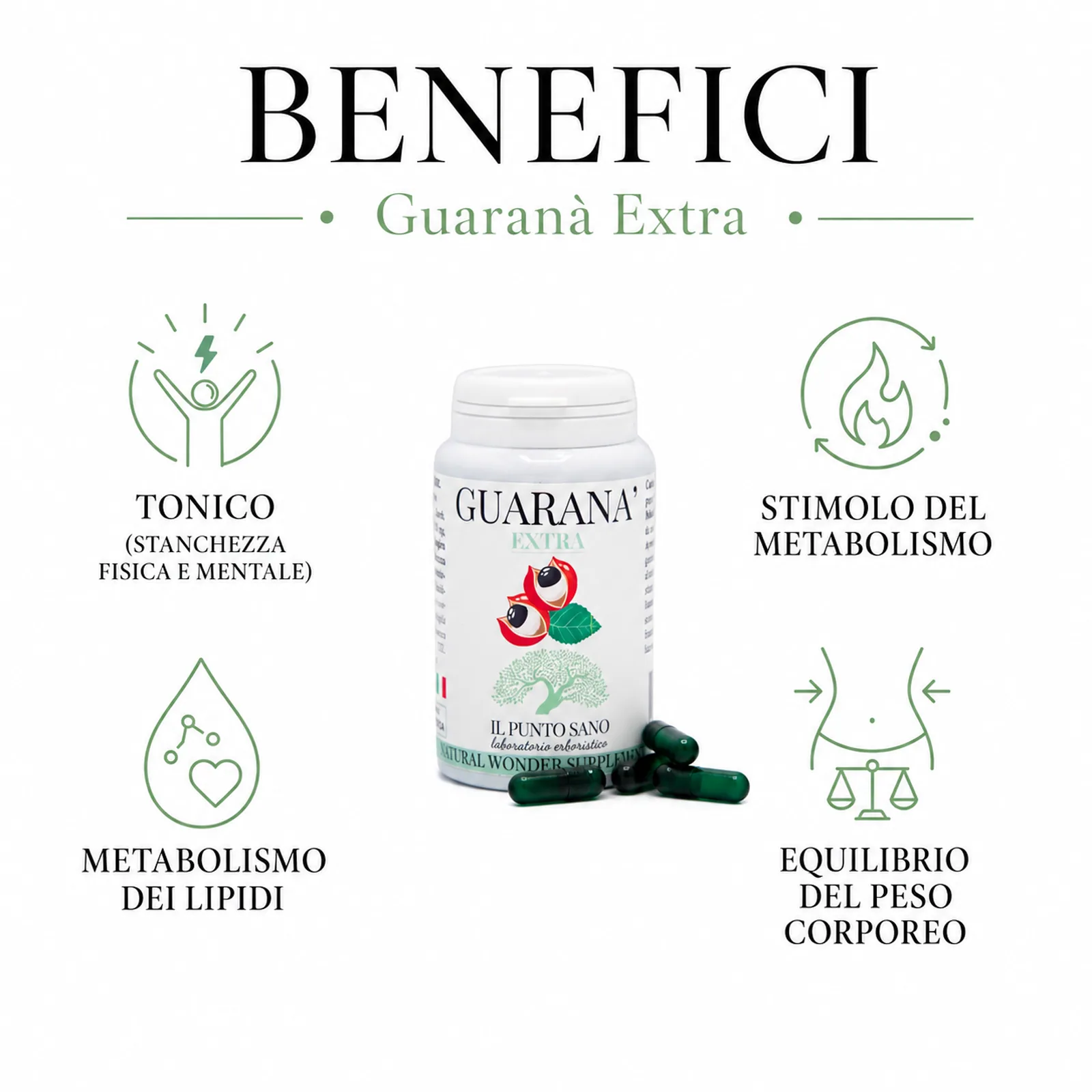 Benefici Guaranà Extra – Energia, metabolismo e peso corporeo Infografica benefici di Guaranà Extra Il Punto Sano, integratore alimentare a base di guaranà titolato in caffeina per supportare energia, tono fisico e mentale, metabolismo dei lipidi, stimolo metabolico ed equilibrio del peso corporeo