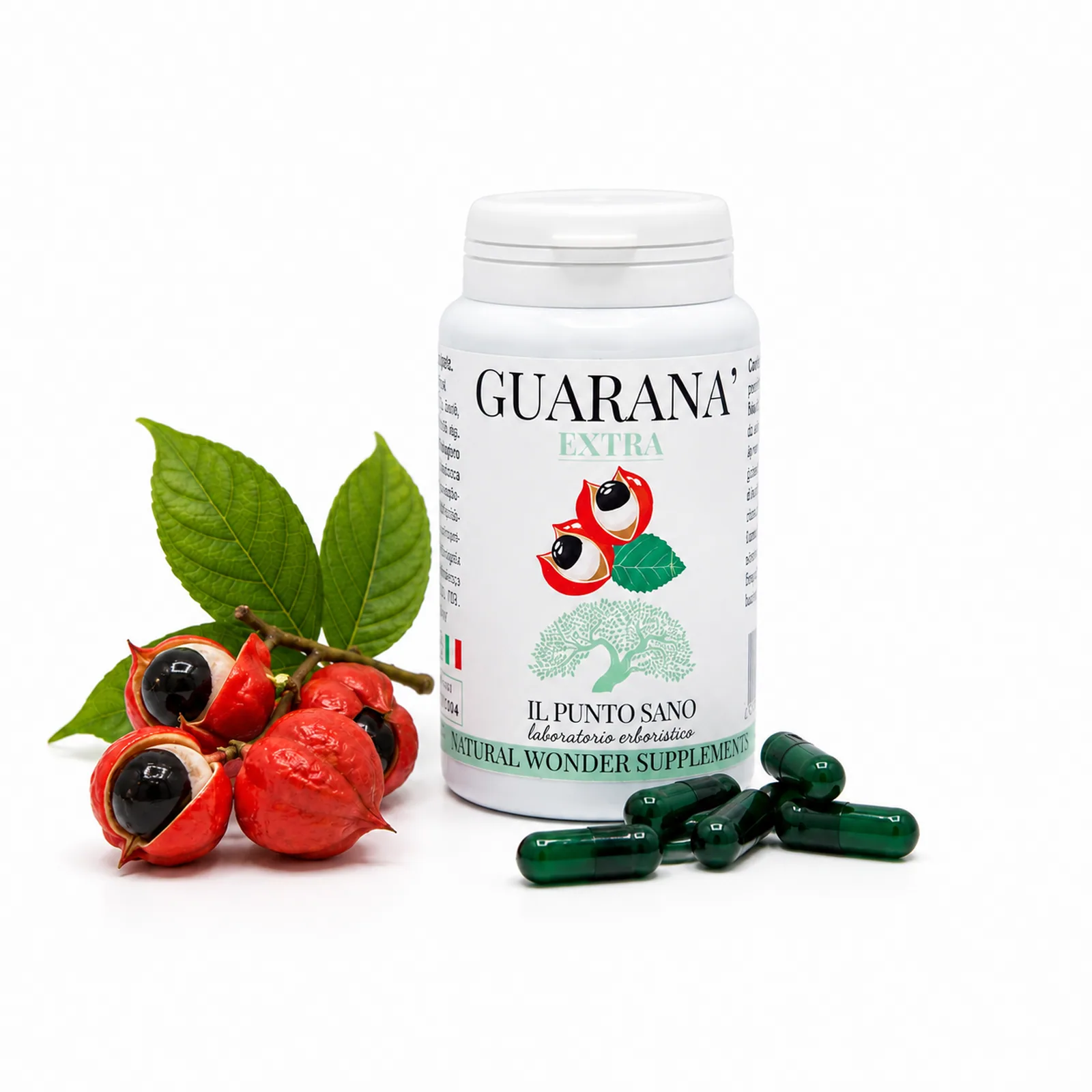 Guaranà Extra – Frutti di guaranà e capsule Guaranà Extra Il Punto Sano con frutti di guaranà e capsule verdi, integratore alimentare a base di guaranà titolato in caffeina per supportare energia, tono fisico e mentale, vitalità e metabolismo