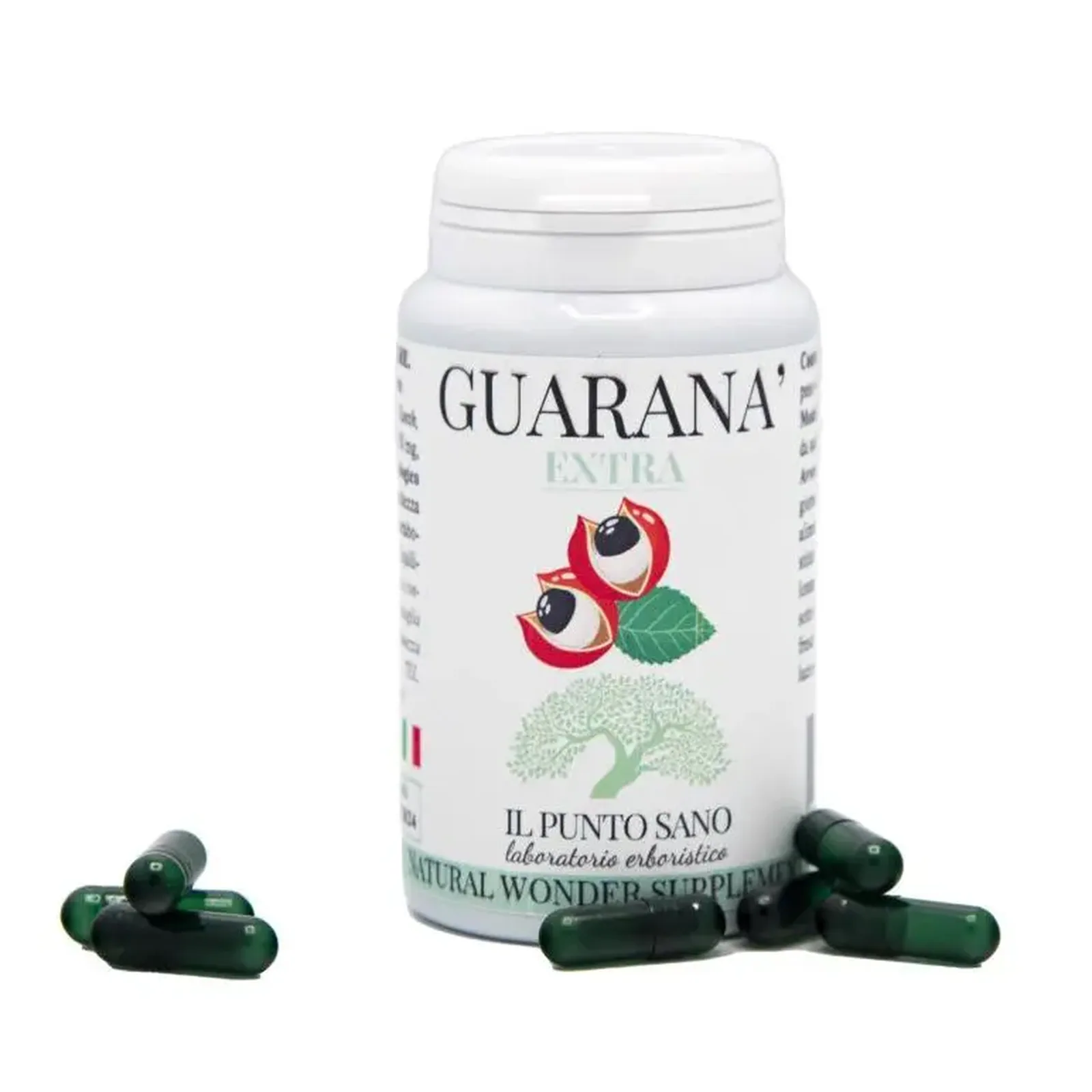 Guaranà Extra – Integratore per energia e tono fisico-mentale Guaranà Extra Il Punto Sano con flacone e capsule verdi, integratore alimentare a base di guaranà formulato per supportare energia, tono fisico e mentale e contrastare la stanchezza quotidiana
