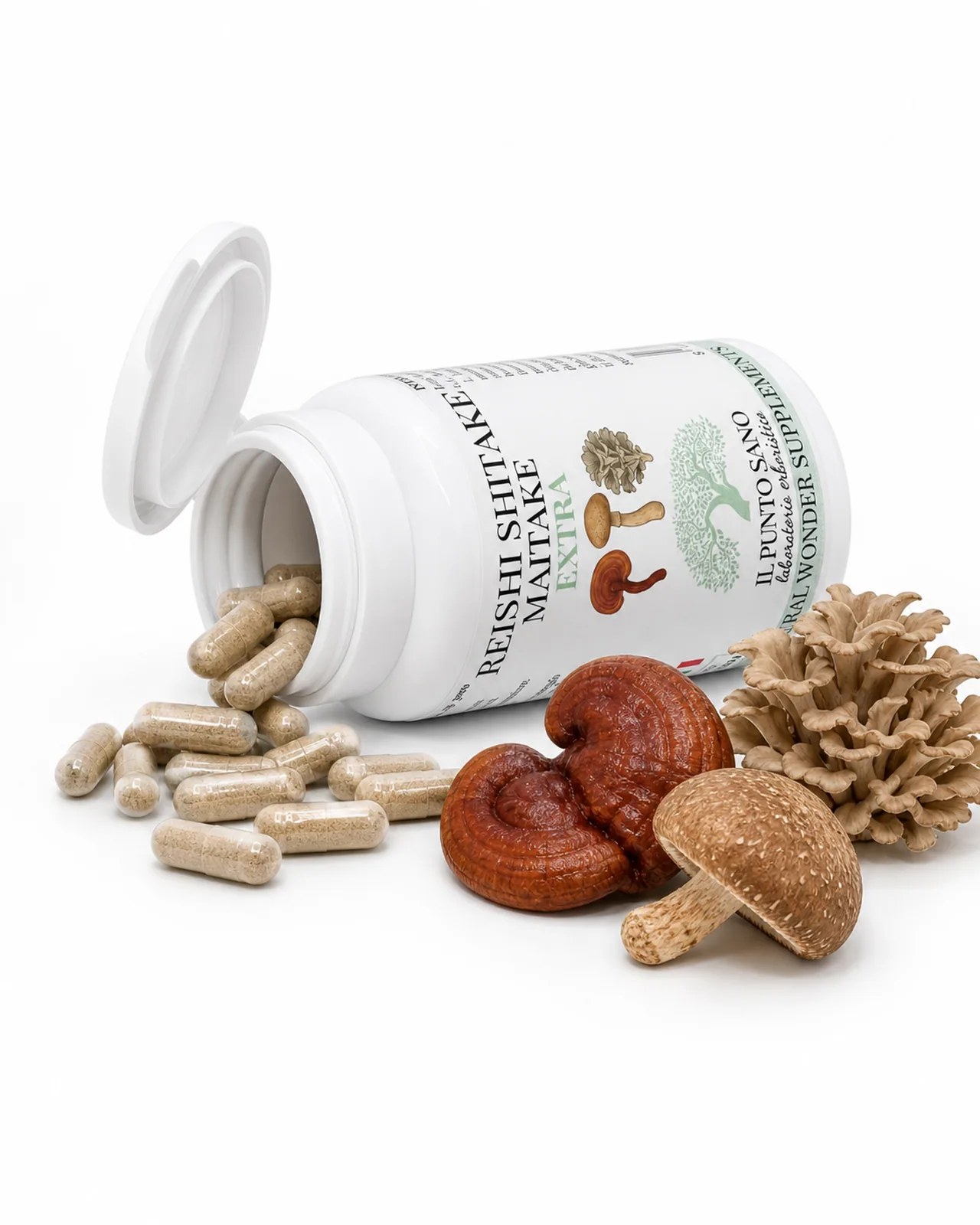 Reishi Shiitake Maitake Extra – Flacone aperto con funghi officinali Reishi Shiitake Maitake Extra Il Punto Sano con flacone aperto, capsule vegetali e funghi officinali, integratore alimentare con reishi, shiitake e maitake titolati in polisaccaridi per il benessere generale, l’equilibrio dell’organismo e la vitalità quotidiana