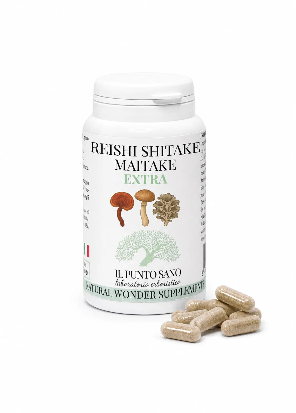 Reishi Shiitake Maitake Extra – Flacone con capsule vegetali Reishi Shiitake Maitake Extra Il Punto Sano con flacone e capsule vegetali, integratore alimentare a base di funghi officinali titolati in polisaccaridi pensato per accompagnare il benessere generale, l’equilibrio dell’organismo e la vitalità quotidiana