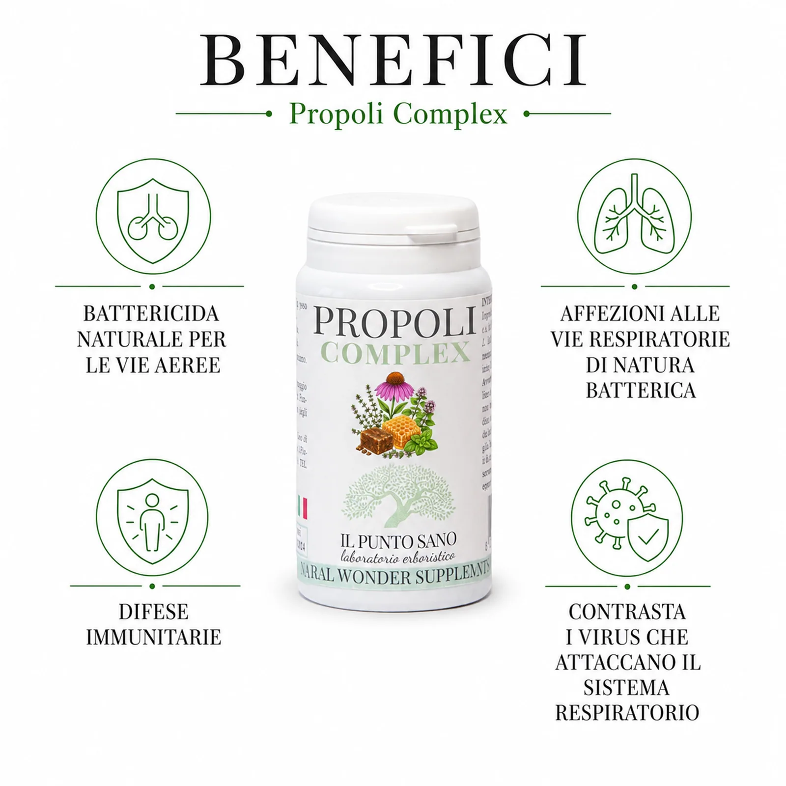 Benefici Propoli Complex – Vie respiratorie e difese naturali Infografica benefici di Propoli Complex Il Punto Sano, integratore alimentare con propoli, echinacea, timo, origano, eucalipto e lichene islandico per supportare le naturali difese dell’organismo, il benessere della gola e le vie respiratorie