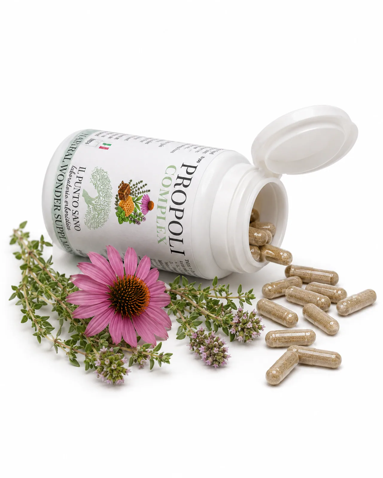 Propoli Complex – Flacone aperto con capsule, echinacea e timo Propoli Complex Il Punto Sano con flacone aperto, capsule vegetali, echinacea e timo, integratore alimentare con propoli ed estratti vegetali per supportare le naturali difese, il benessere della gola e le vie respiratorie