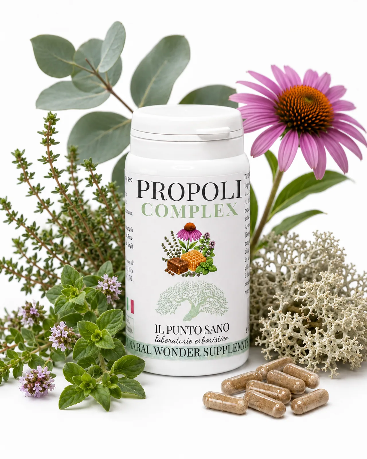 Propoli Complex – Ingredienti naturali per difese e vie respiratorie Propoli Complex Il Punto Sano con ingredienti naturali della formula, tra cui echinacea, timo, origano, eucalipto e lichene islandico, integratore alimentare in capsule per supportare le naturali difese, il benessere della gola e le vie respiratorie