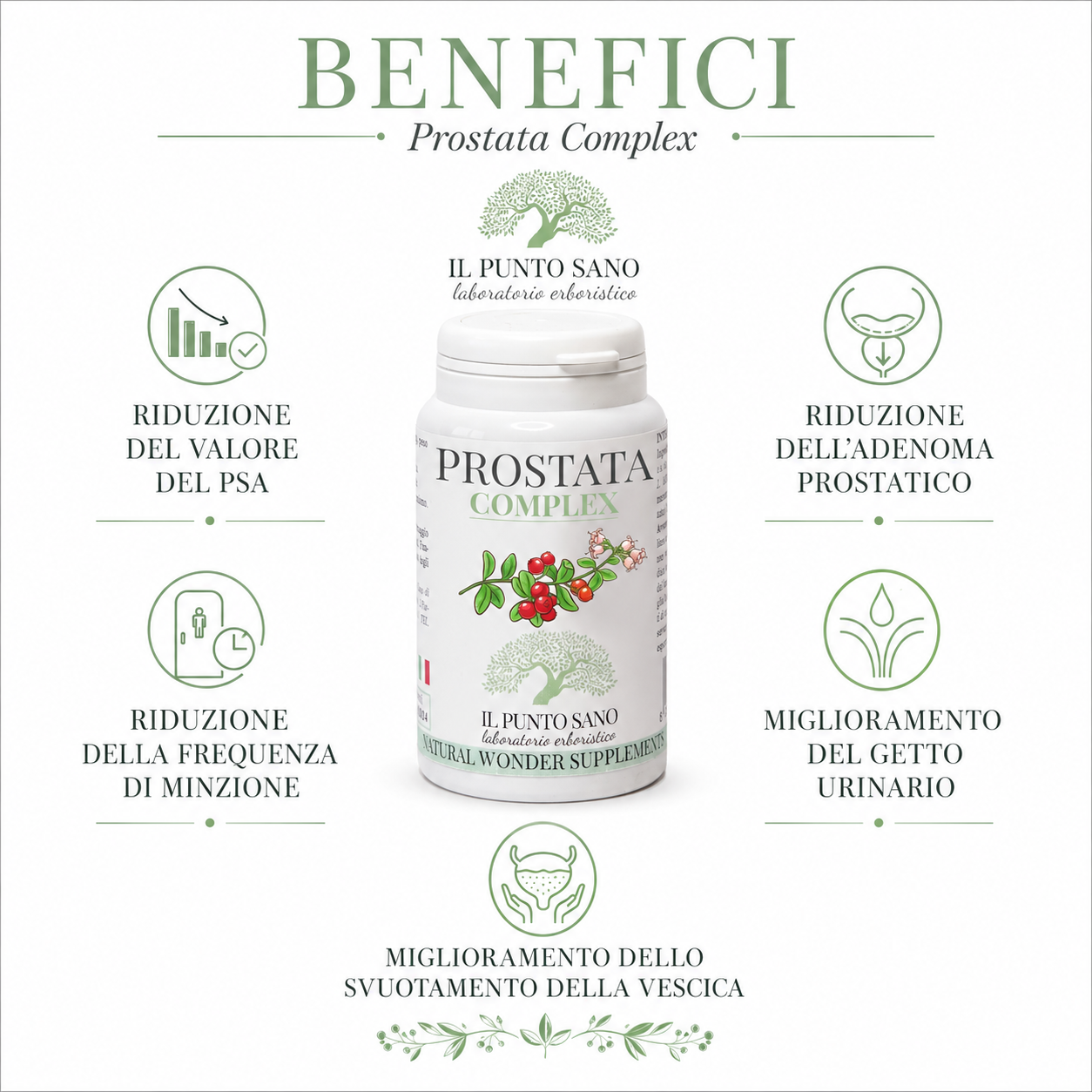 Benefici Prostata Complex – Benessere prostatico e vie urinarie Infografica benefici di Prostata Complex Il Punto Sano, integratore alimentare formulato per supportare il benessere della prostata, la funzionalità delle vie urinarie, il fisiologico flusso urinario e l’equilibrio maschile