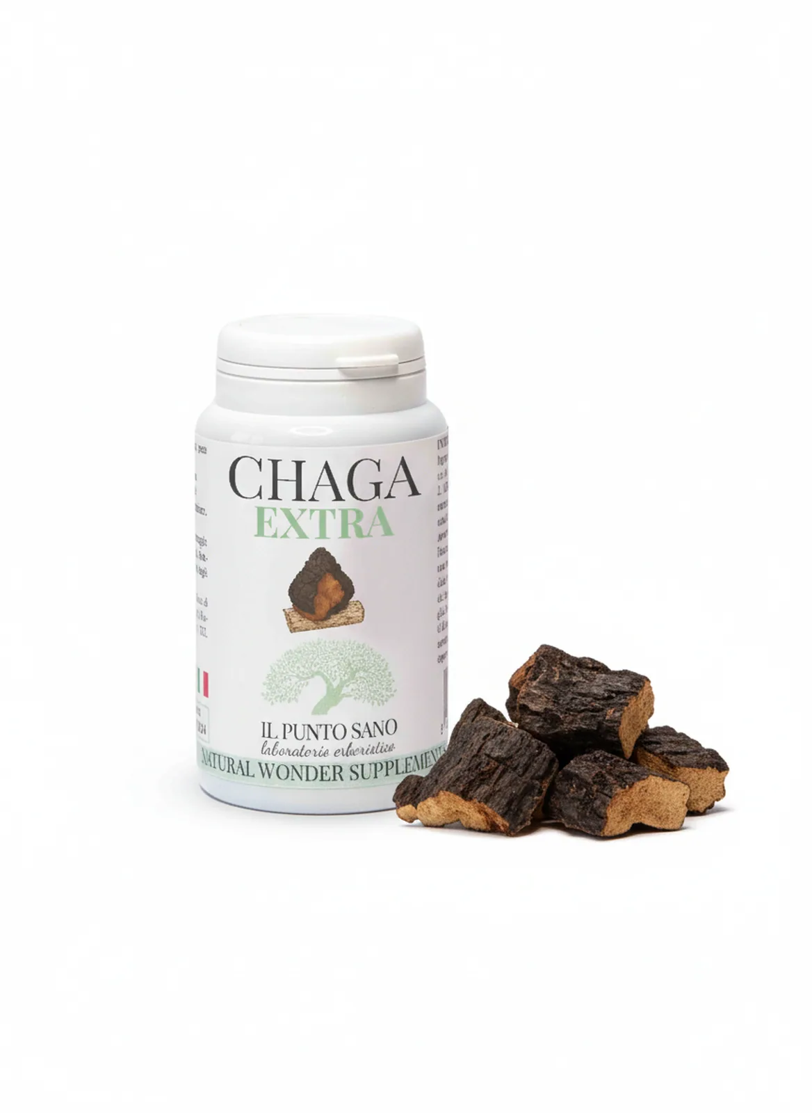 Chaga Extra – Integratore con fungo Chaga Chaga Extra Il Punto Sano con flacone e pezzi di fungo Chaga, integratore alimentare a base di Chaga titolato in betaglucani per il supporto delle naturali difese, della protezione antiossidante e del benessere generale