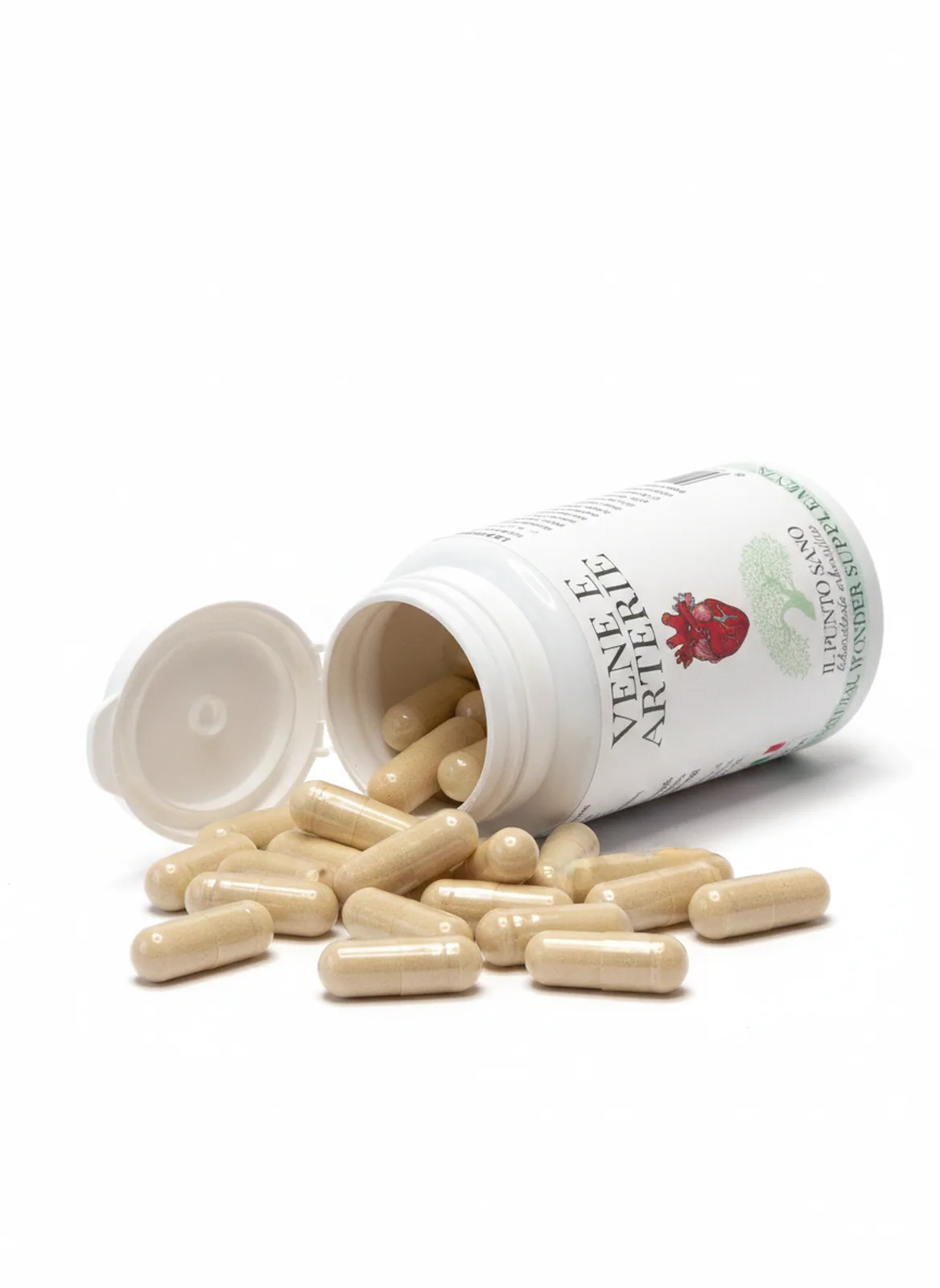 Vene e Arterie Capsule – Flacone aperto con capsule vegetali Vene e Arterie Capsule Il Punto Sano con flacone aperto e capsule vegetali, integratore alimentare formulato per supportare la circolazione, il microcircolo, il ritorno venoso e il benessere vascolare