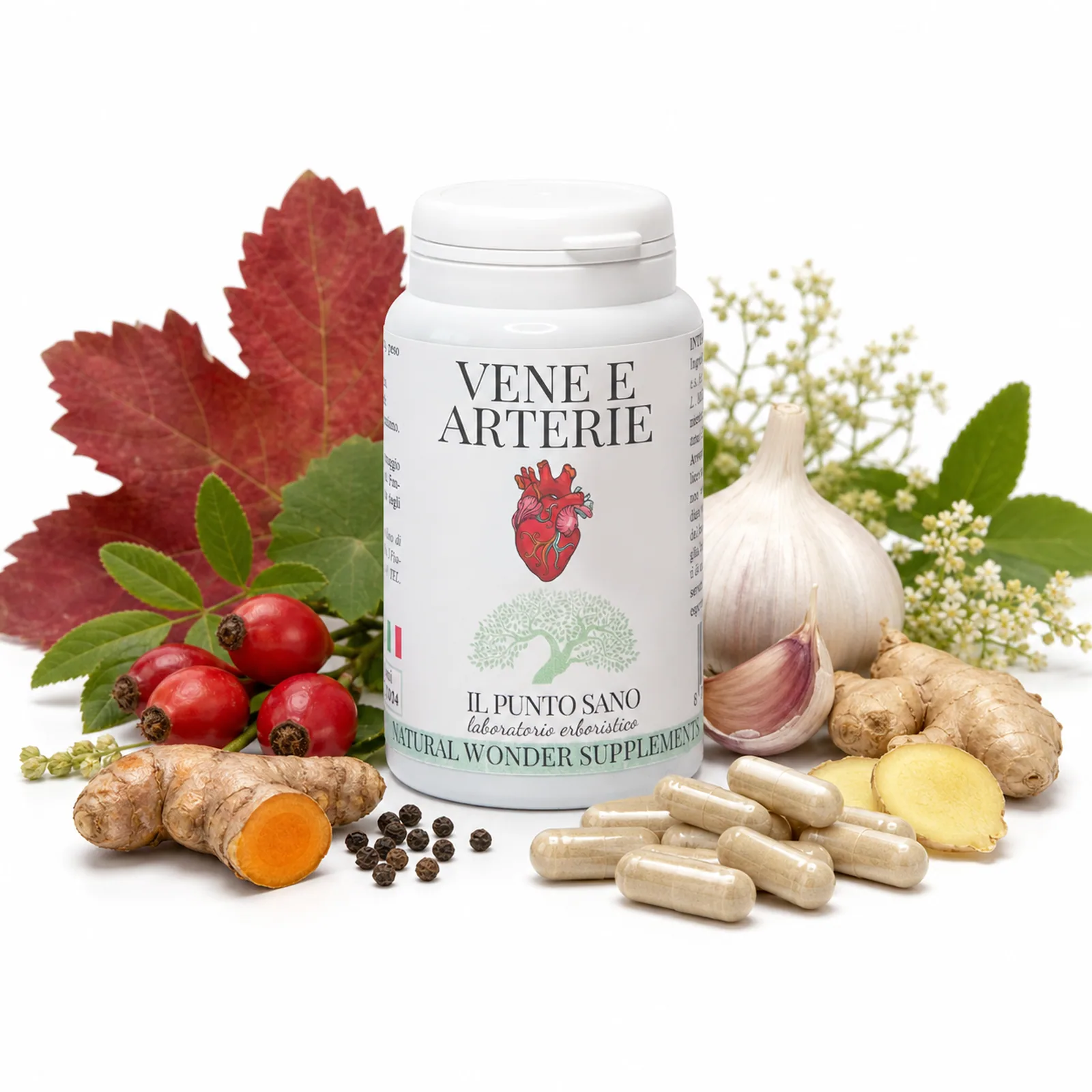 Vene e Arterie Capsule – Ingredienti naturali per circolazione e benessere vascolare Vene e Arterie Capsule Il Punto Sano con ingredienti naturali della formula, tra cui vite rossa, rosa canina, aglio, zenzero, curcuma, pepe nero e capsule vegetali per il supporto della circolazione e del benessere vascolare