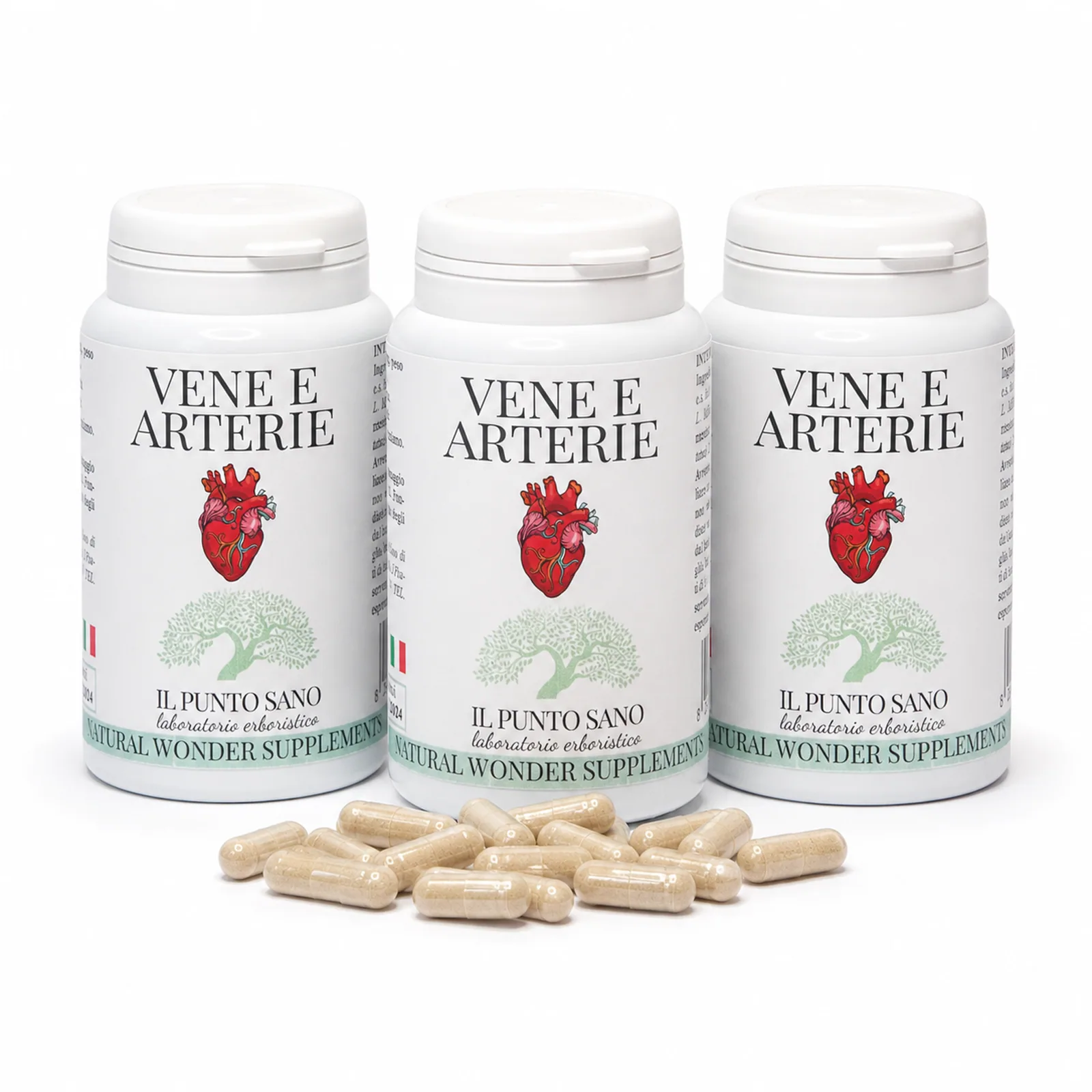 Vene e Arterie Capsule – Tre flaconi con capsule vegetali Tre flaconi di Vene e Arterie Capsule Il Punto Sano con capsule vegetali in primo piano, integratore alimentare formulato per supportare la circolazione, il microcircolo, il ritorno venoso e il benessere vascolare