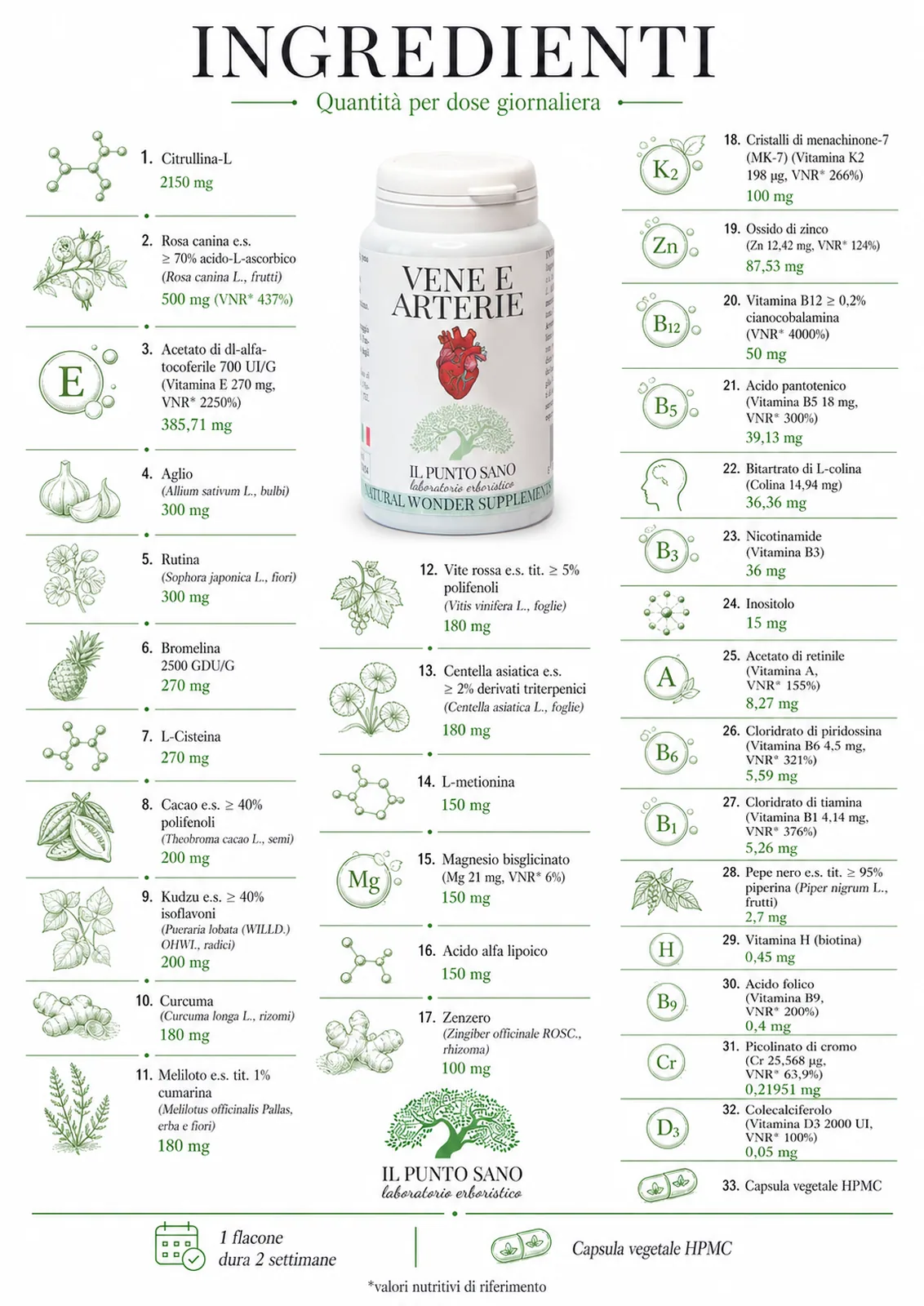 Ingredienti Vene e Arterie Capsule – Quantità per dose giornaliera Infografica ingredienti di Vene e Arterie Capsule Il Punto Sano con quantità per dose giornaliera, contenente estratti vegetali, aminoacidi, vitamine, minerali e capsula vegetale HPMC per il supporto della circolazione e del benessere vascolare