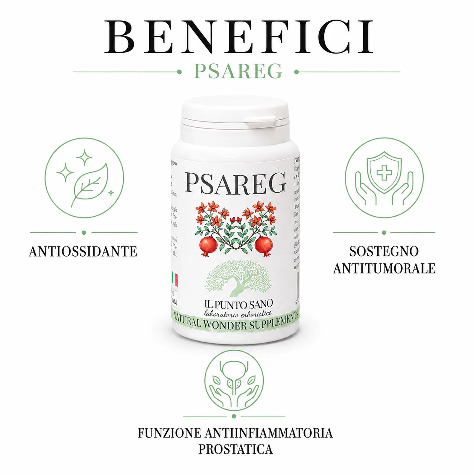 Benefici PSAREG – Benessere prostatico e supporto antiossidante Infografica benefici di PSAREG Il Punto Sano, integratore alimentare con melograno, curcuma, broccolo e tè verde formulato per supportare il benessere prostatico, l’equilibrio fisiologico maschile e la protezione antiossidante