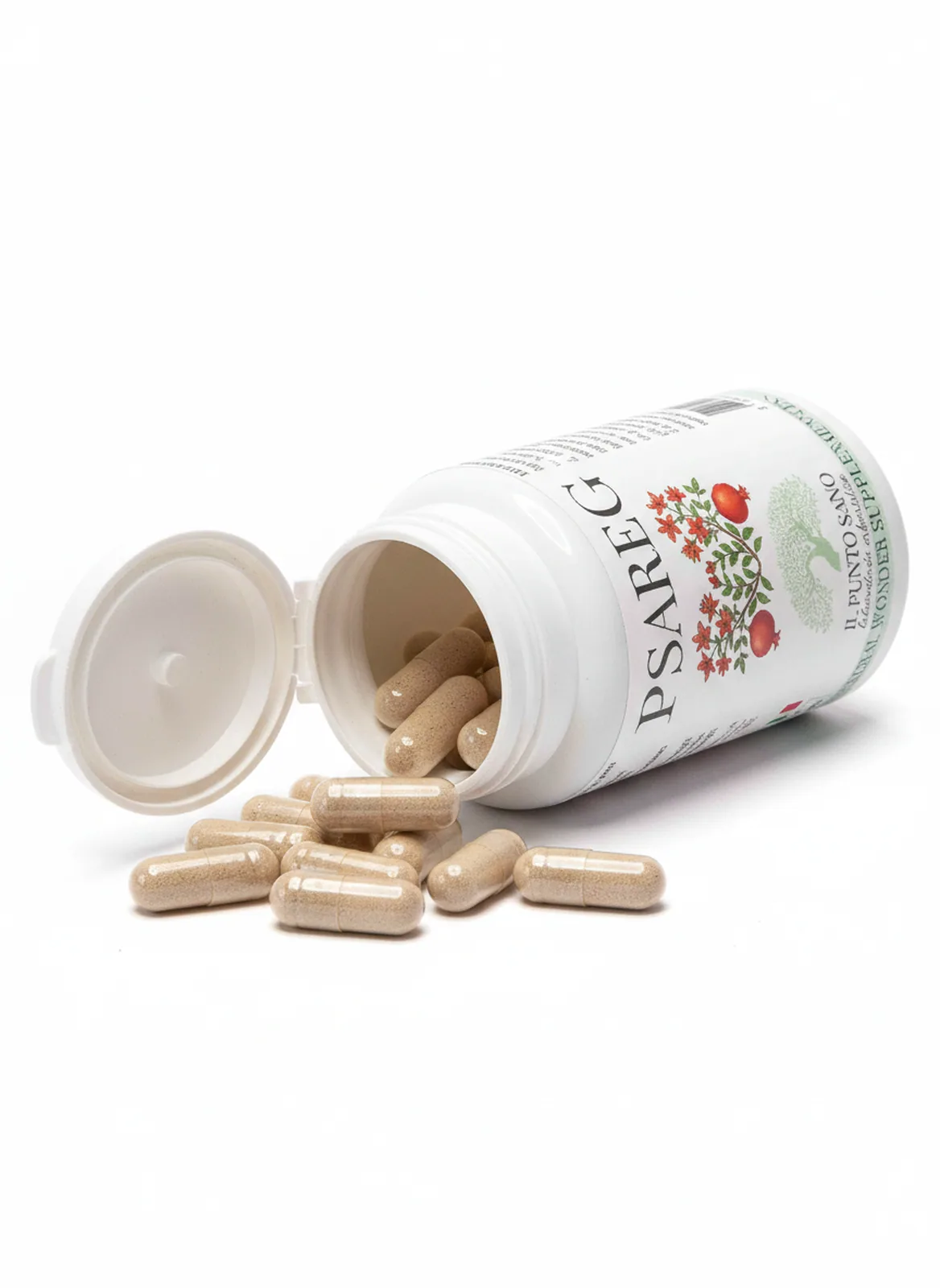 PSAREG – Flacone aperto con capsule vegetali PSAREG Il Punto Sano con flacone aperto e capsule vegetali, integratore alimentare formulato per supportare il benessere prostatico, l’equilibrio fisiologico maschile e la protezione antiossidante