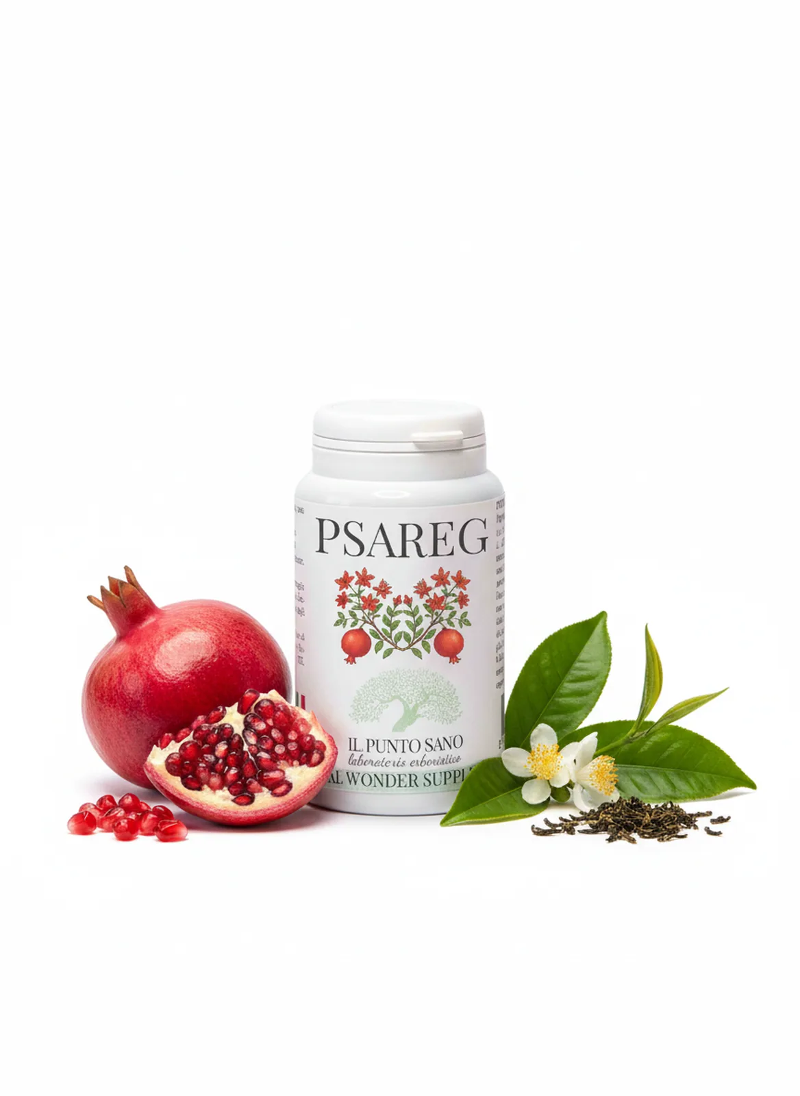 PSAREG – Melograno e tè verde per benessere prostatico PSAREG Il Punto Sano con melograno e tè verde, integratore alimentare in capsule formulato per supportare il benessere prostatico, l’equilibrio fisiologico maschile e la protezione antiossidante quotidiana