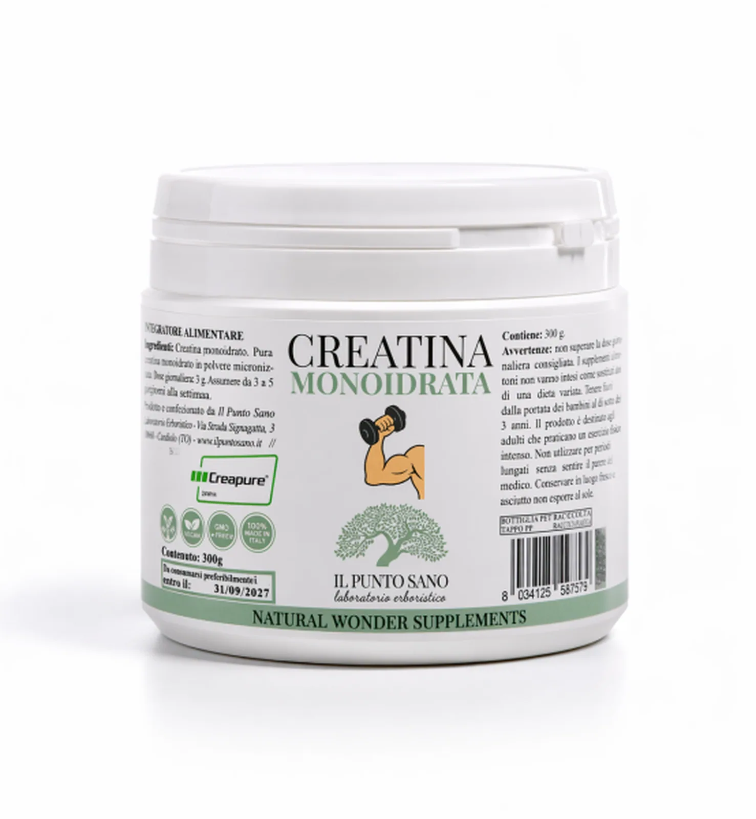 Creatina Monoidrato Creapure 300 g – Il Punto Sano Flacone di Creatina Monoidrato Creapure 300 g de Il Punto Sano, integratore alimentare in polvere micronizzata per il supporto della performance fisica