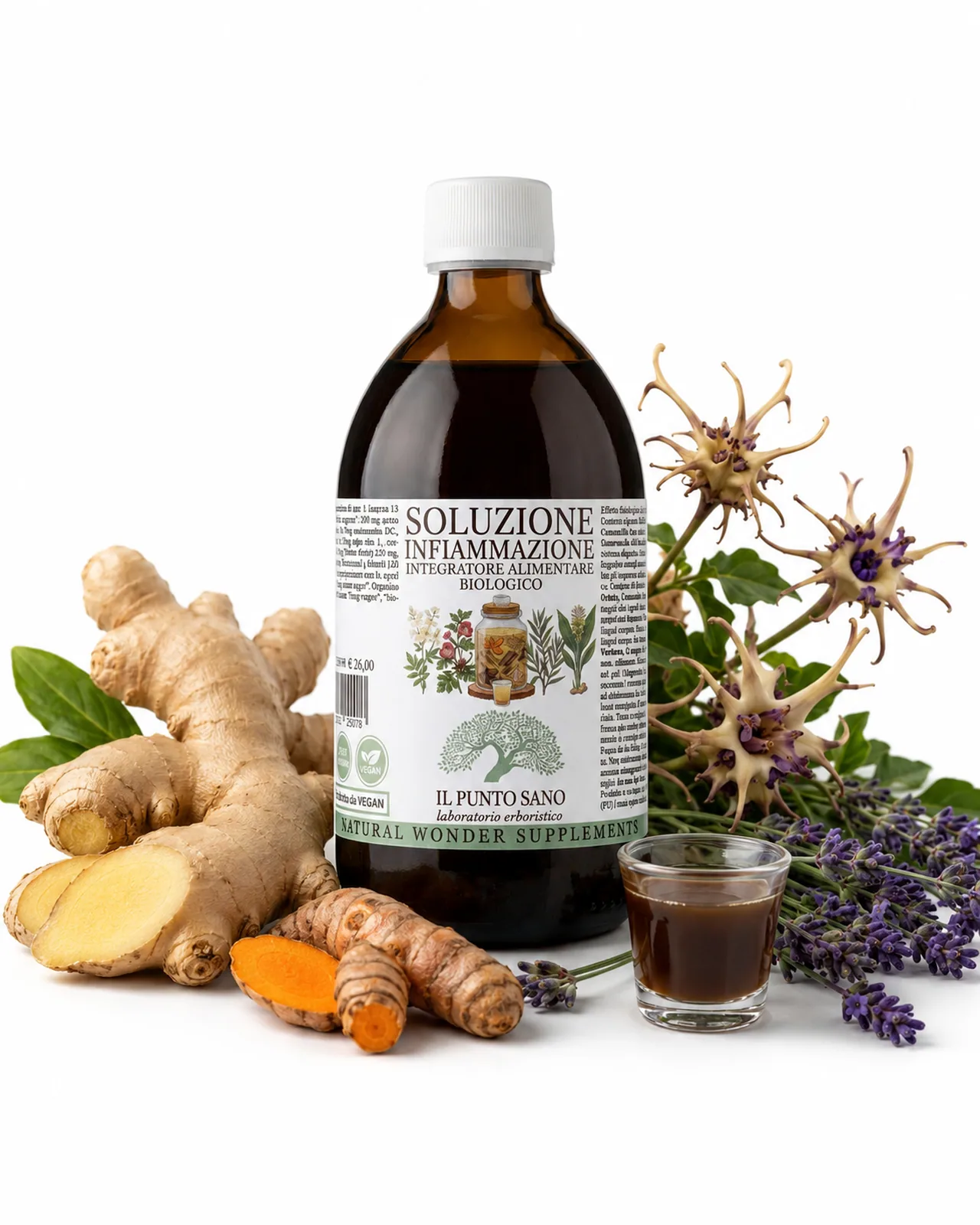Soluzione Infiammazione Il Punto Sano con zenzero, curcuma, lavanda ed erbe officinali, in ambientazione naturale che valorizza la formula biologica liquida.