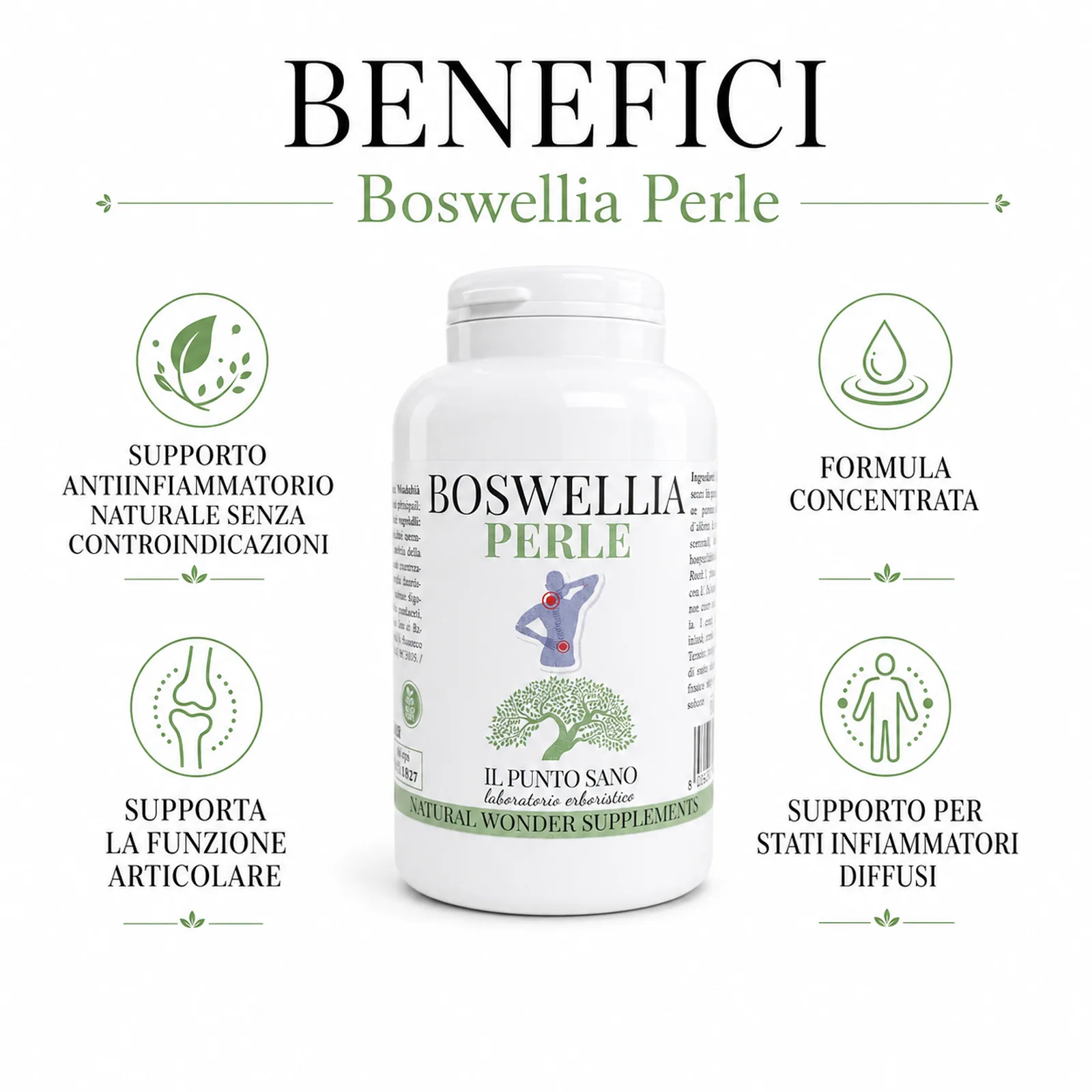 Benefici Boswellia Perle | Il Punto Sano Infografica benefici di Boswellia Perle Il Punto Sano con focus su supporto articolare, formula concentrata e supporto per il benessere dell’organismo