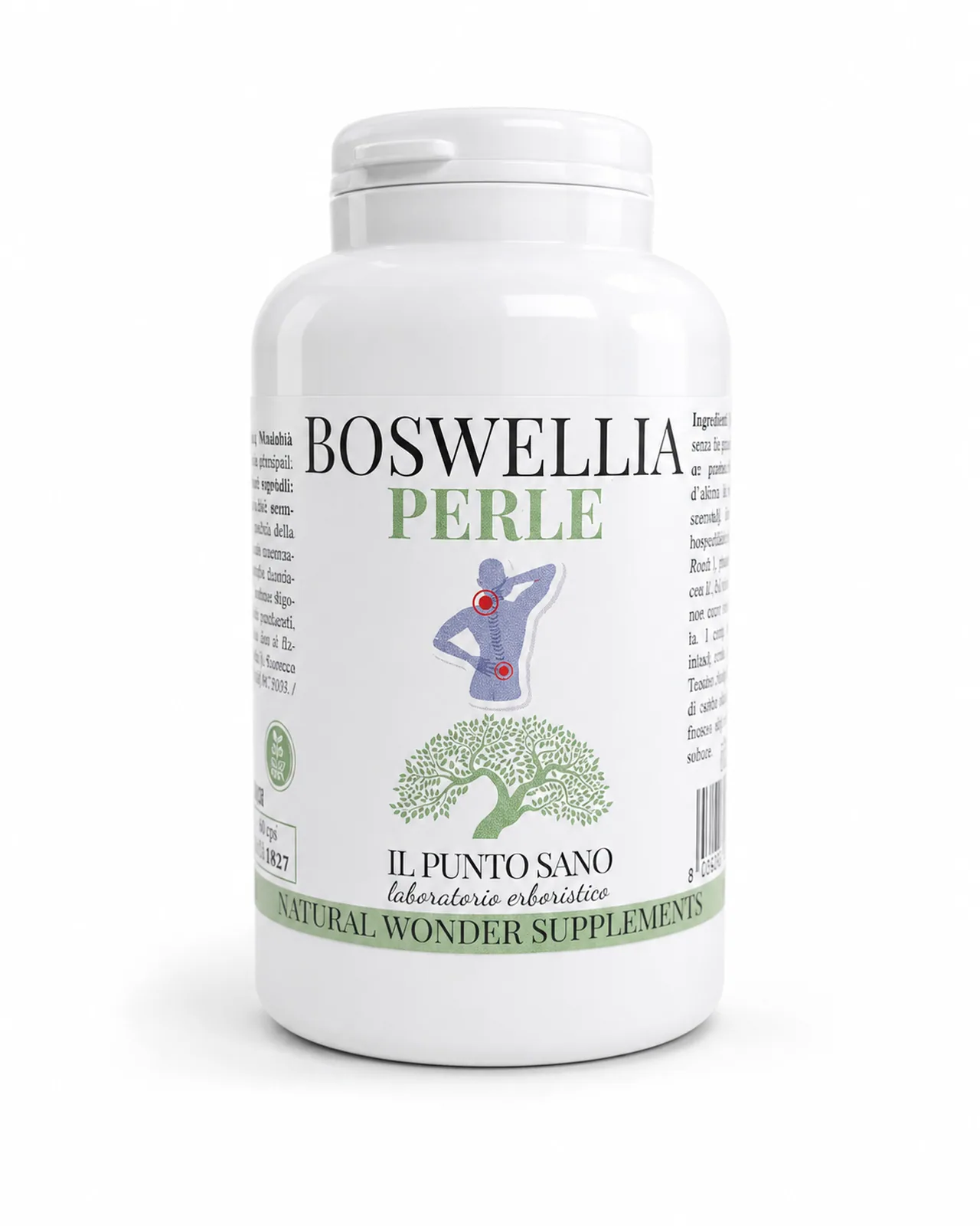 Boswellia Perle – Integratore in perle | Il Punto Sano Boswellia Perle Il Punto Sano, integratore alimentare in perle con boswellia in flacone bianco su sfondo chiaro