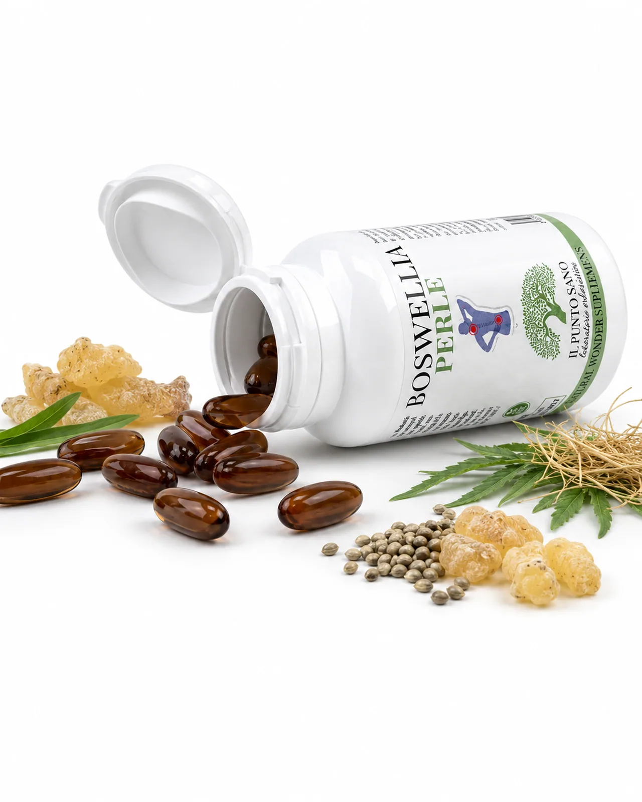 Boswellia Perle con ingredienti | Il Punto Sano Boswellia Perle Il Punto Sano in flacone aperto con perle e ingredienti rappresentativi della formula su sfondo chiaro