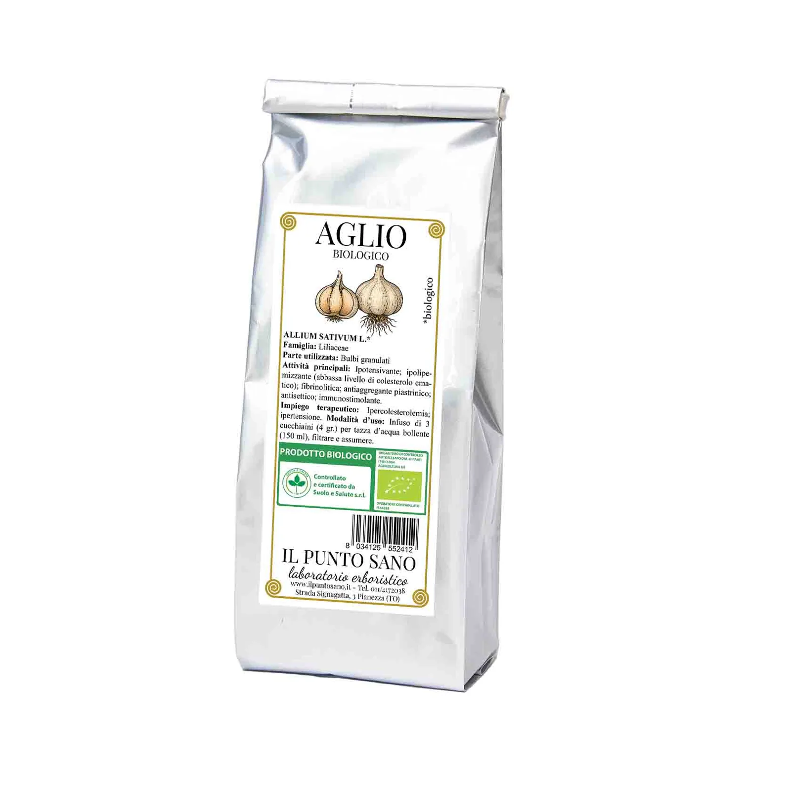 aglio-biologico-il-punto-sano Busta di Aglio biologico Il Punto Sano con bulbi granulari per preparazioni erboristiche.