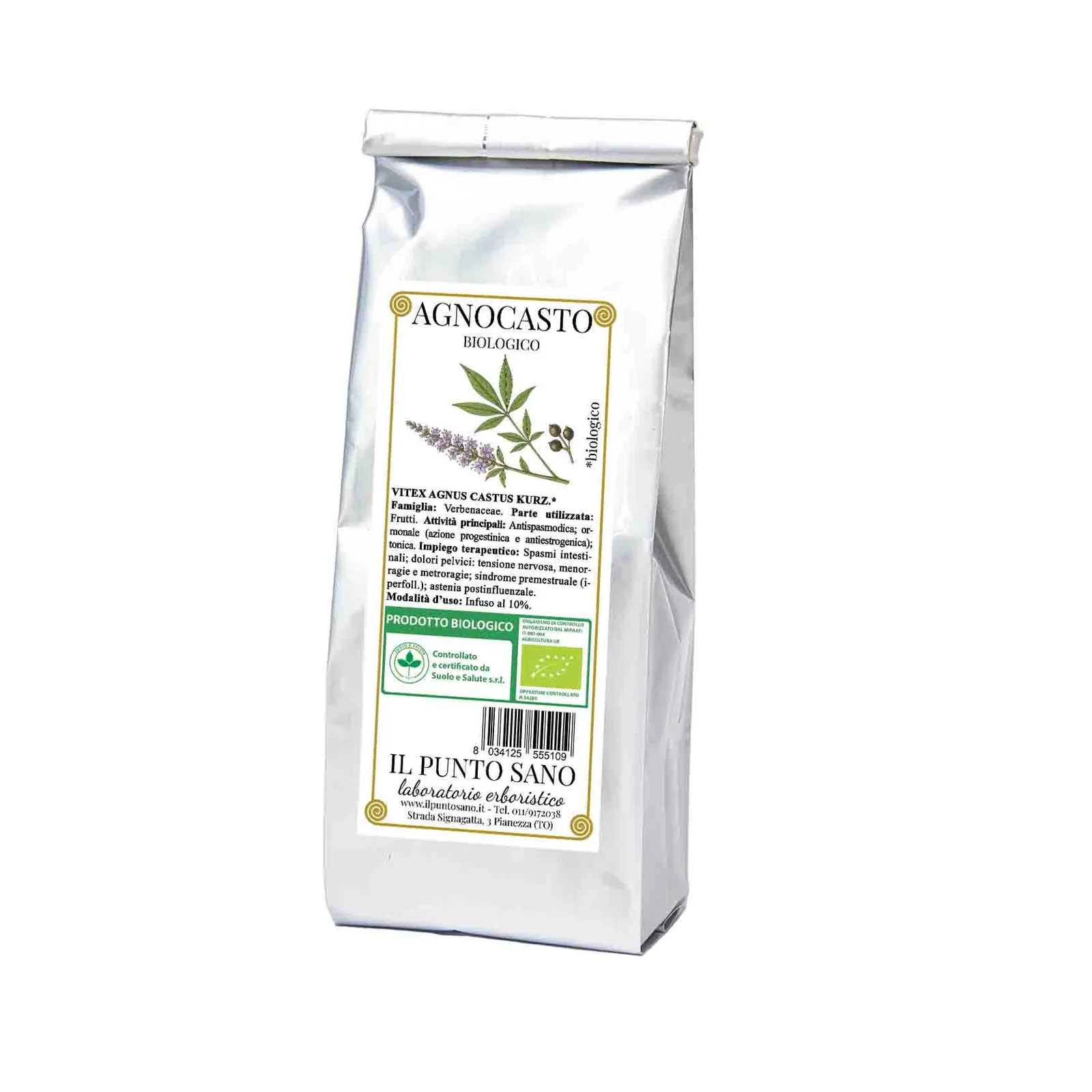 agnocasto-biologico-il-punto-sano Confezione di Agnocasto biologico Il Punto Sano in busta di alluminio con etichetta botanica.