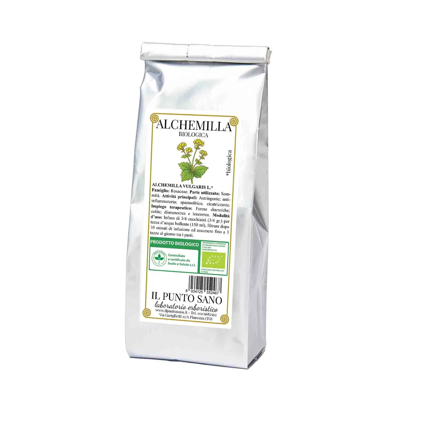 Alchemilla biologica Il Punto Sano Busta di Alchemilla biologica Il Punto Sano con etichetta botanica frontale.