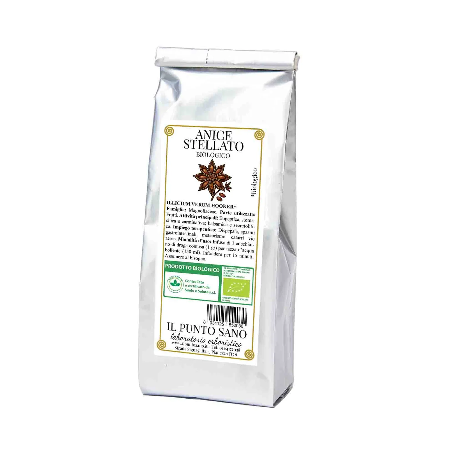 Anice stellato biologico Il Punto Sano Confezione di Anice stellato biologico Il Punto Sano in busta di alluminio.