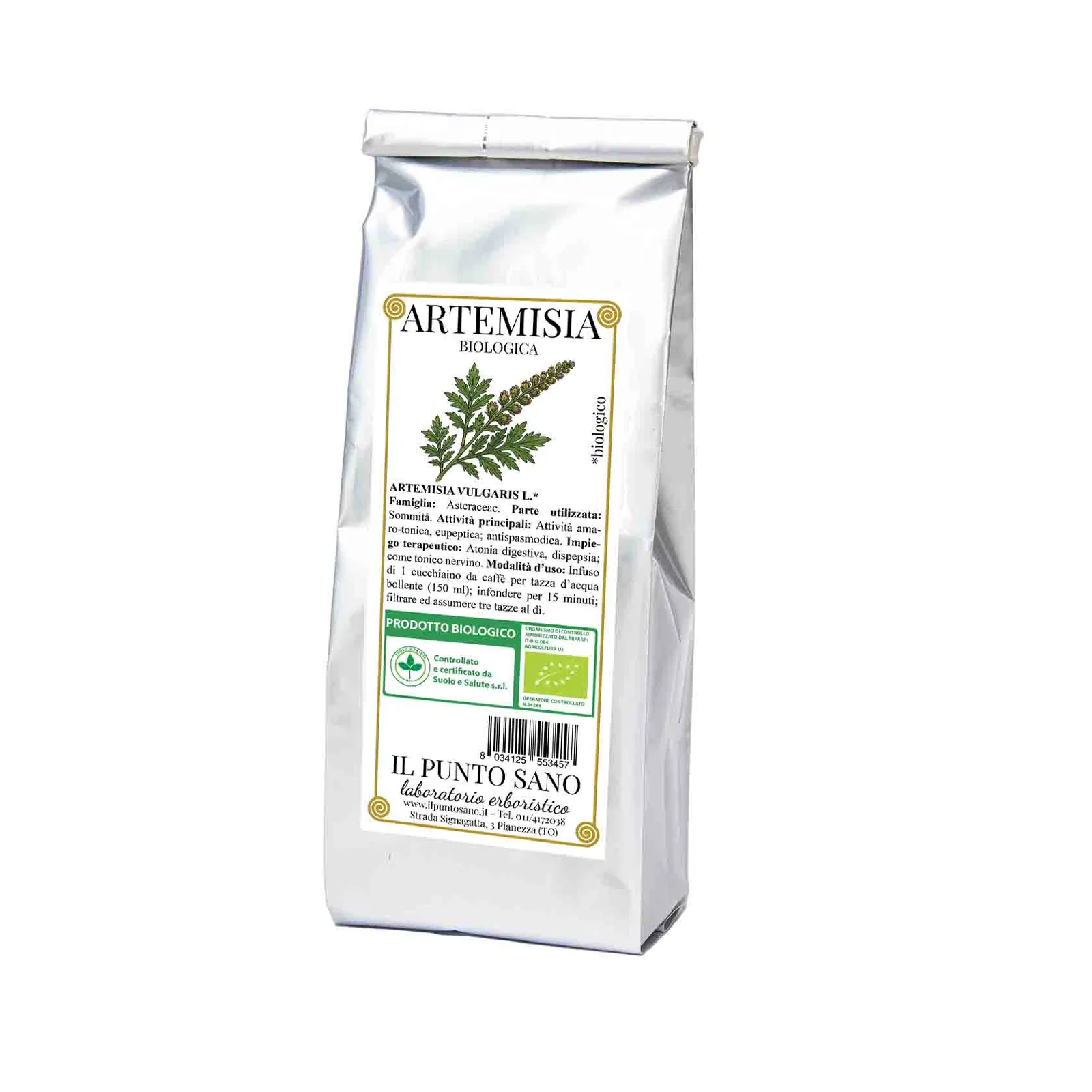 Artemisia biologica Il Punto Sano Busta di Artemisia biologica Il Punto Sano con etichetta botanica frontale.